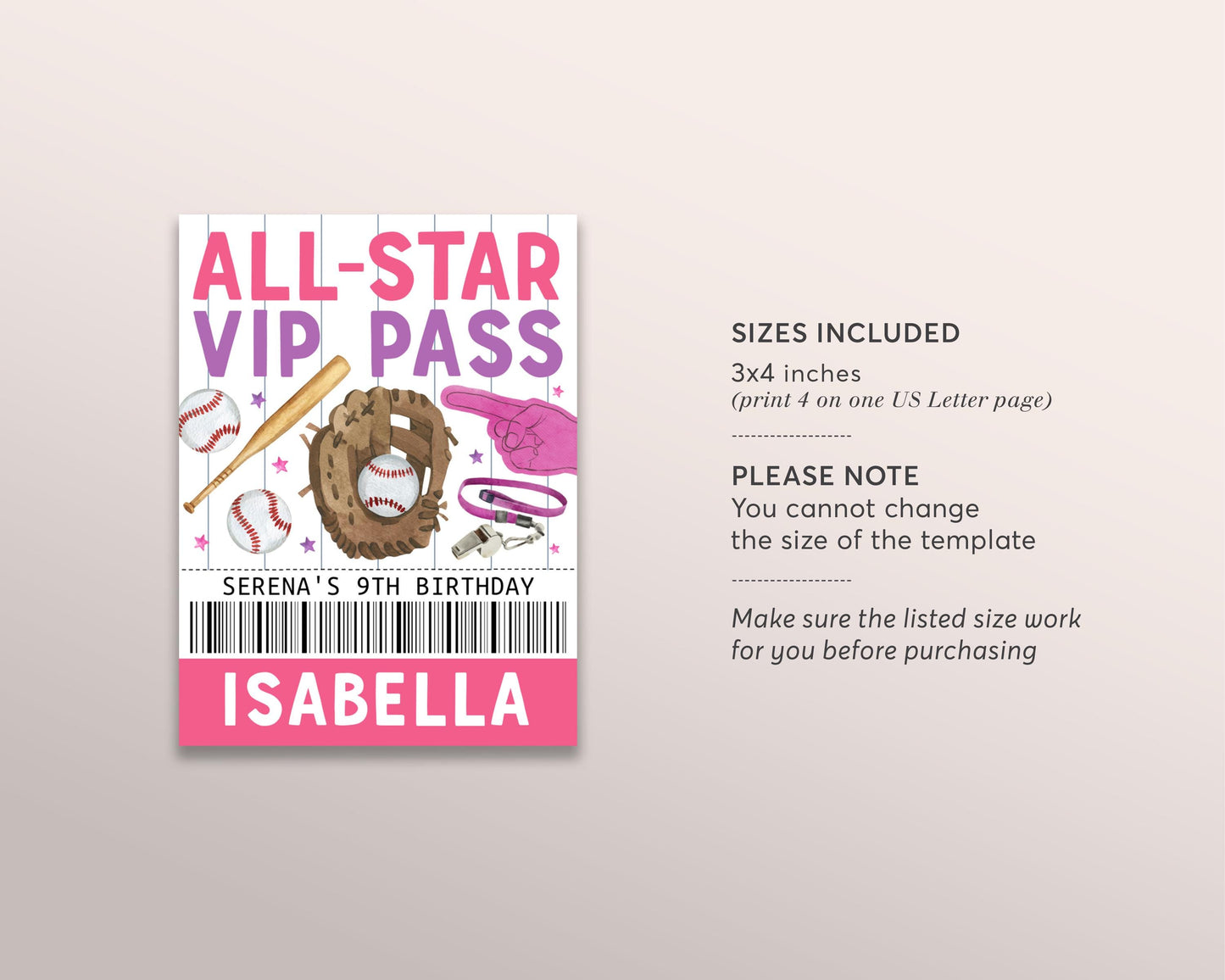 Baseball Birthday All Star VIP Pass Editable Template, Girl Game Day Party All Access Pass, Guests Name Tag Insert ID Badge Team Lanyard