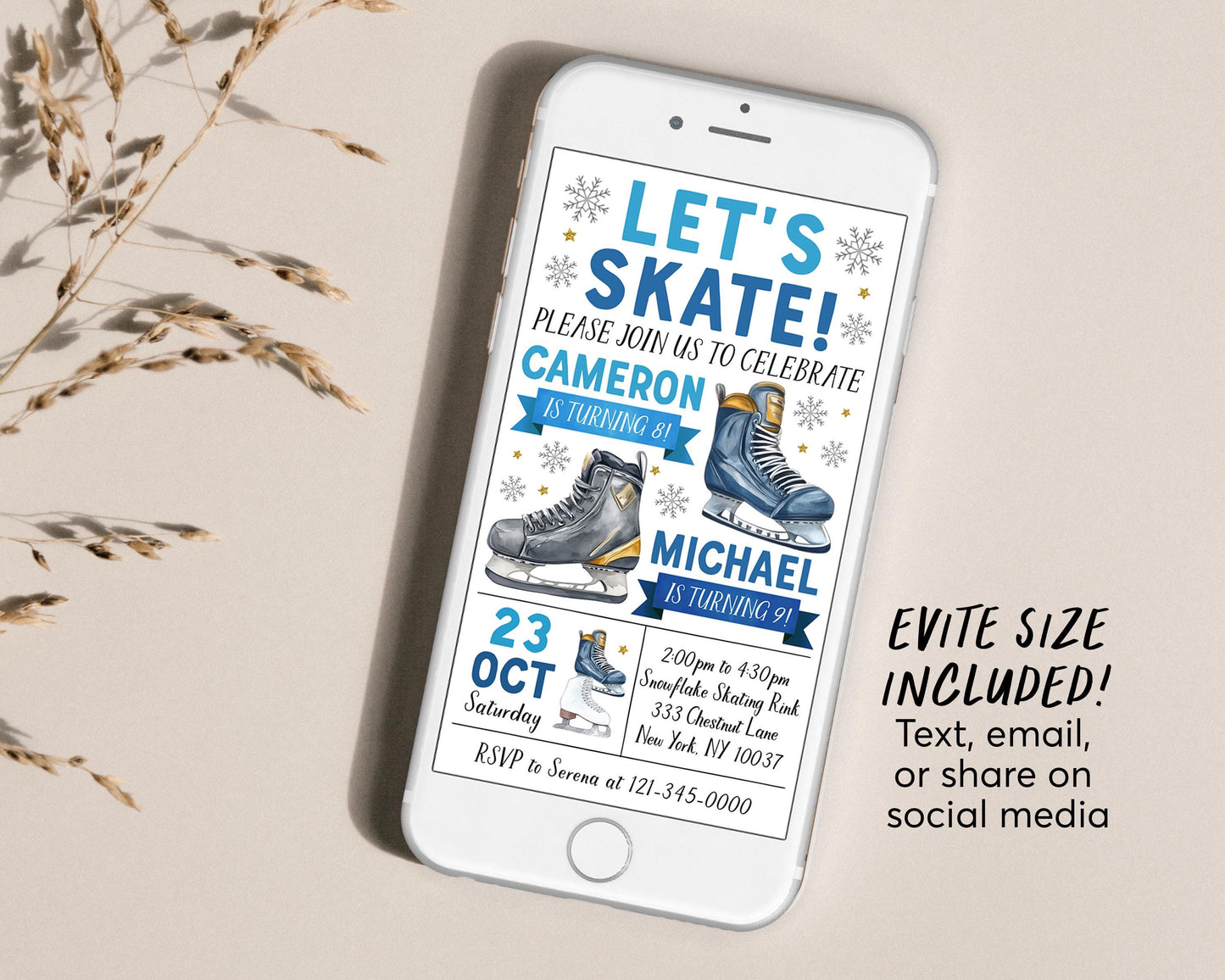 Ice Skating Joint Siblings Birthday Invitation Editable Template, Brothers Ice Hockey Skating Party Invite, Sports Let's Skate Rink Evite