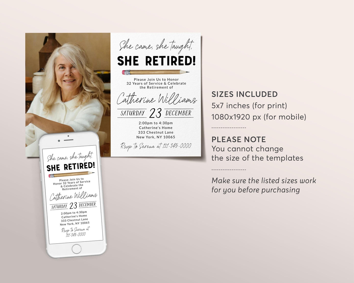 Teacher Retirement Party Invitation With Photo Editable Template, She Came She Taught She Retired Party Invite, Elementary Retirement Evite