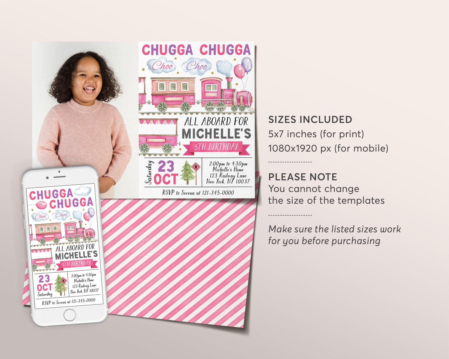 Train Birthday Invitation With Photo Editable Template, Girl Chugga Choo Train Boarding Pass Party Invite, All Aboard The Birthday Express
