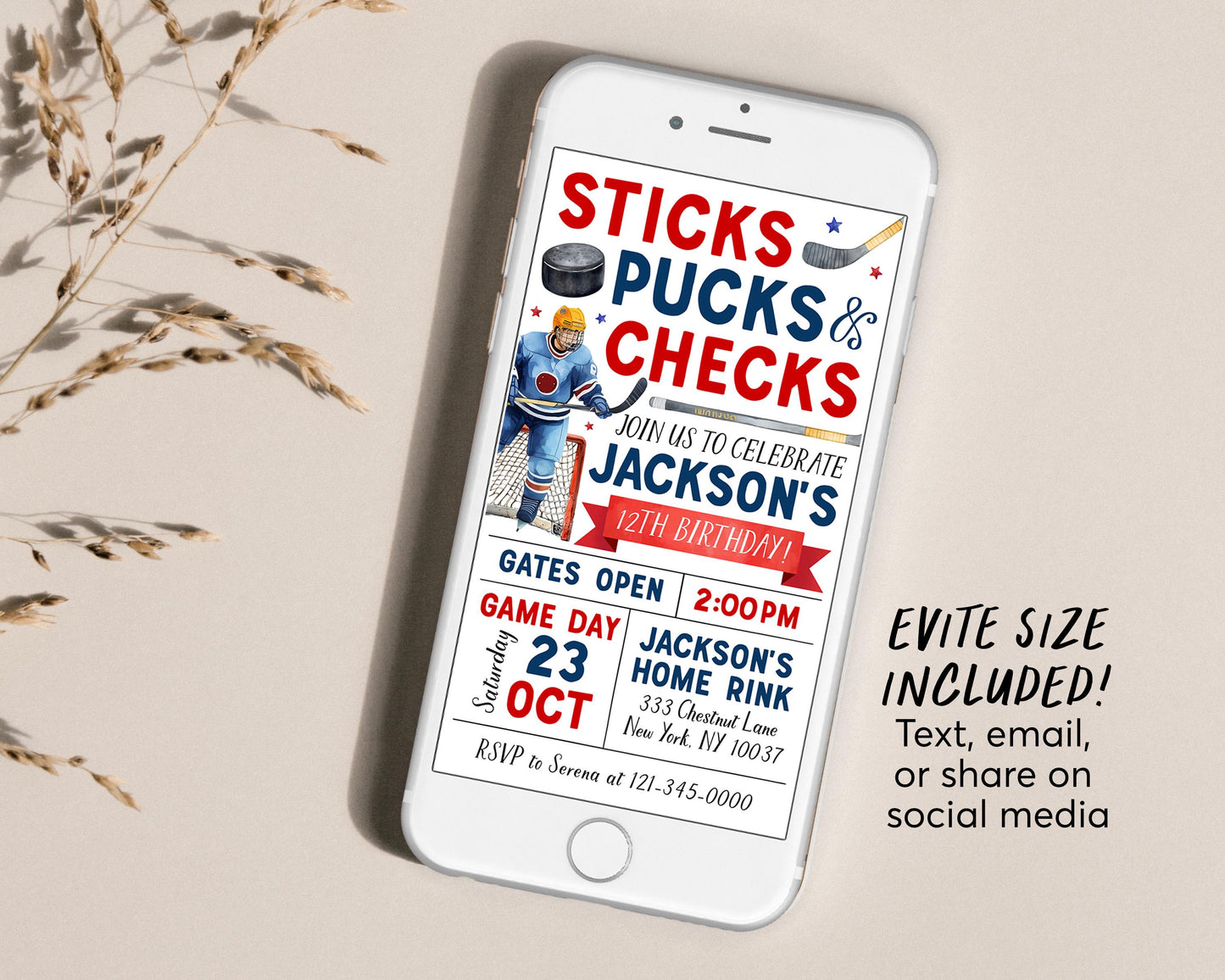 Ice Hockey Birthday Invitation With Photo Editable Template, Sticks Pucks Checks Ice Skating Rink Invite, Sports It's Game Time Helmet Evite