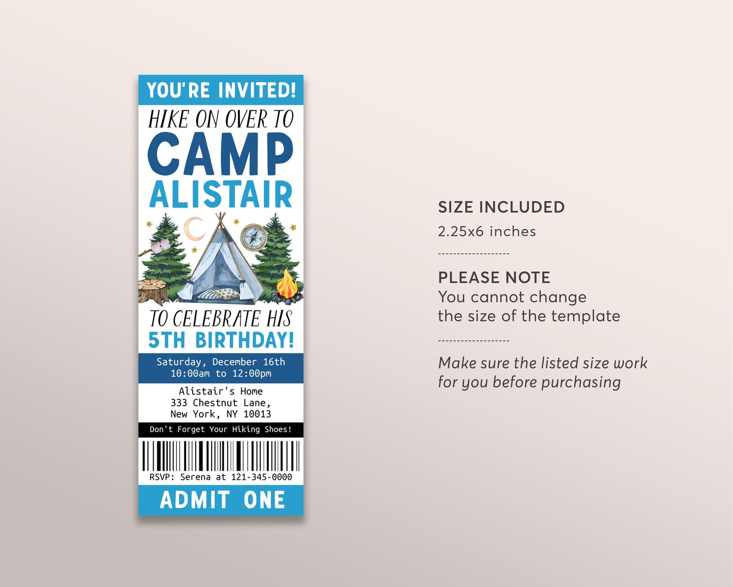 Camping Birthday Ticket Invitation Editable Template, Boy Outdoor Camp Out Party Invite, Kids Tent Sleepover Hiking Bonfire Adventure Evite