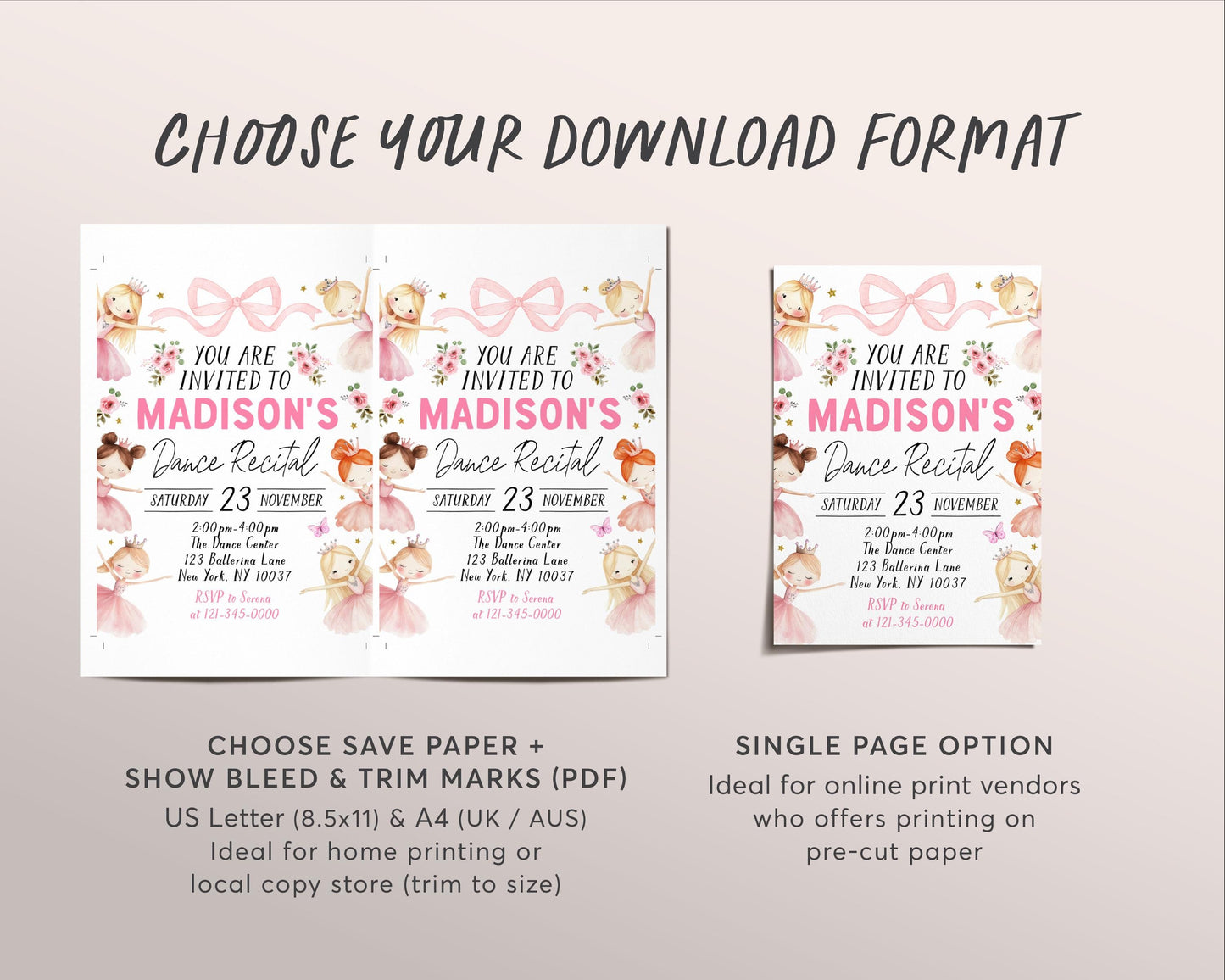 Ballet Recital Invitation Editable Template, Dance Recital Invite, Pink Ballerina School Ballet Recital Floral Bow Ballet Shoe Tutu Evite