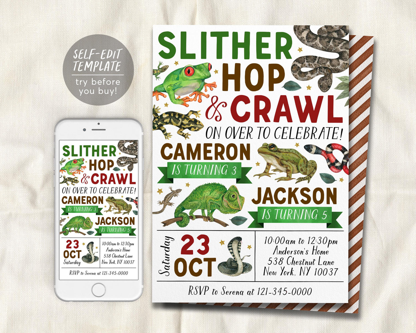 Reptile Joint Siblings Birthday Invitation Editable Template
