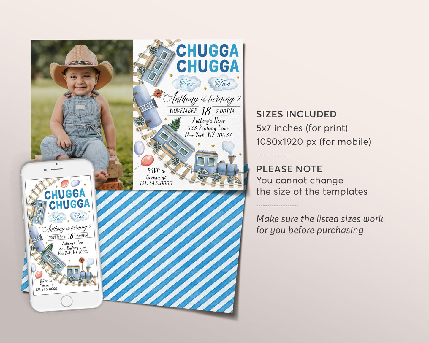 Chugga Two Train Birthday Invitation With Photo Editable Template, Boy Chugga Choo Train 2nd Birthday Boarding Pass Party Invite Evite