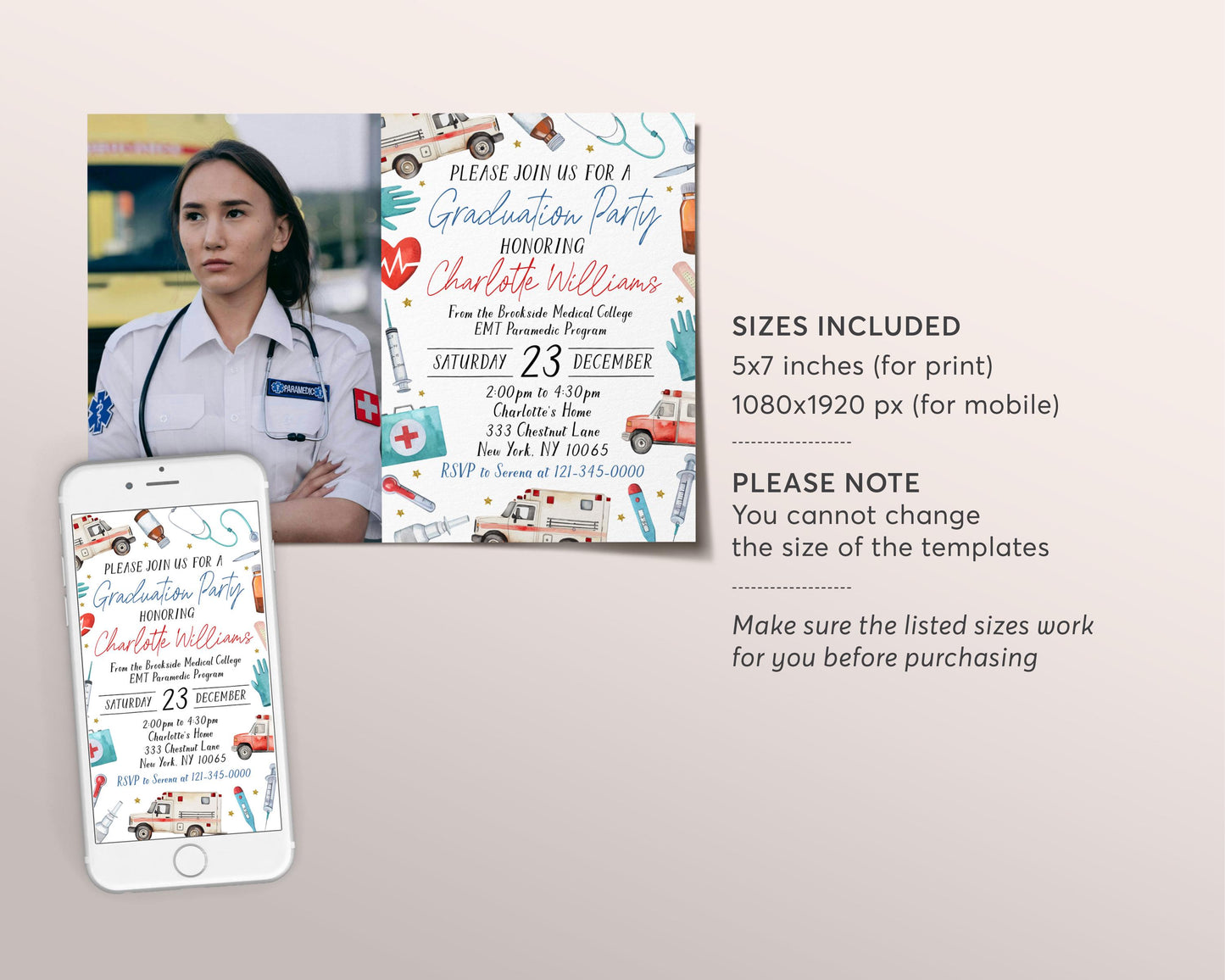 Paramedic EMT Graduation Invitation With Photo Editable Template, EMT Certification Grad Announcement Party Invite, Emergency Medical Evite