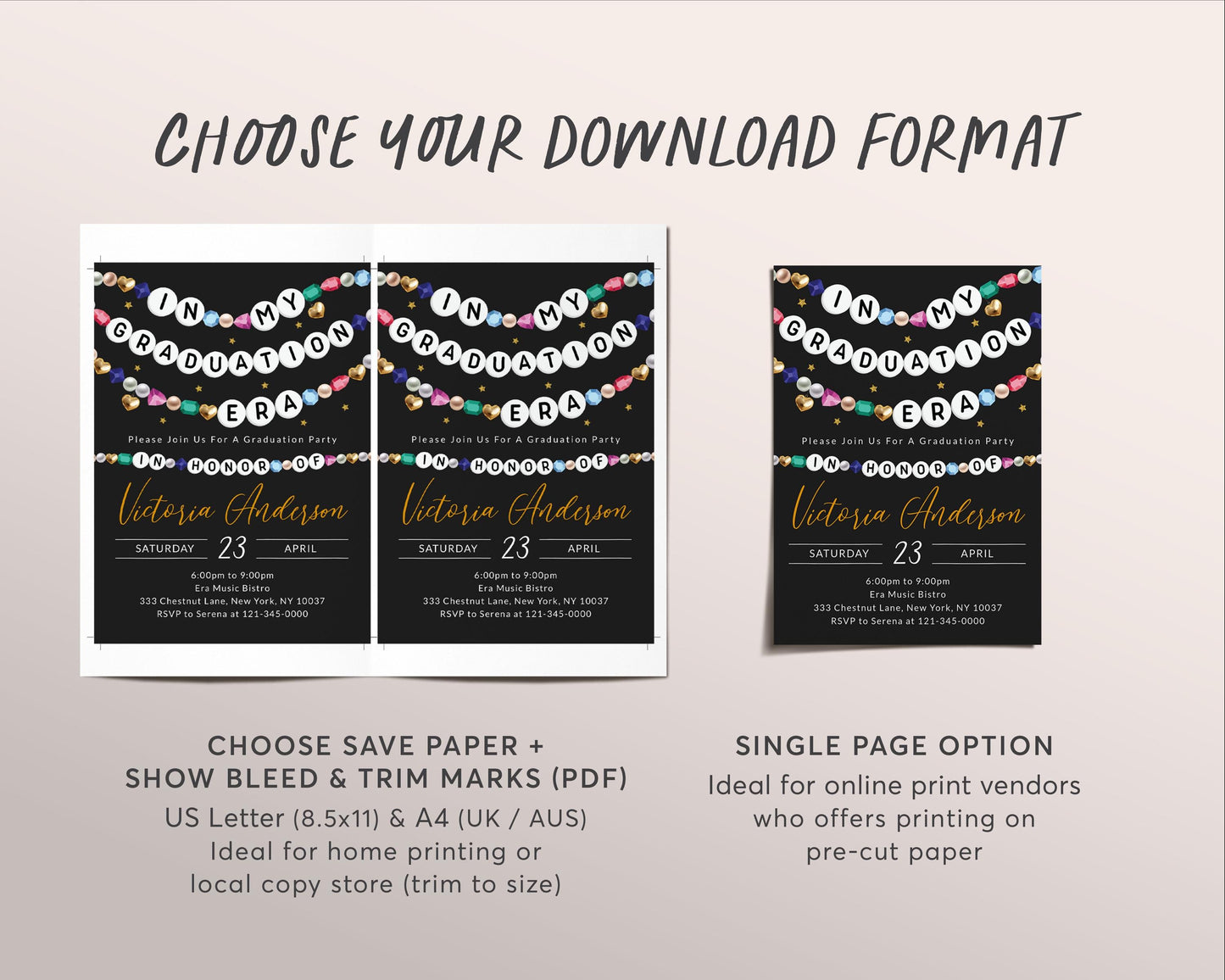 In My Graduation Era Invitation Editable Template, Graduating Class Friendship Bracelet Party Invite, Grad School Party Black Gold Evite