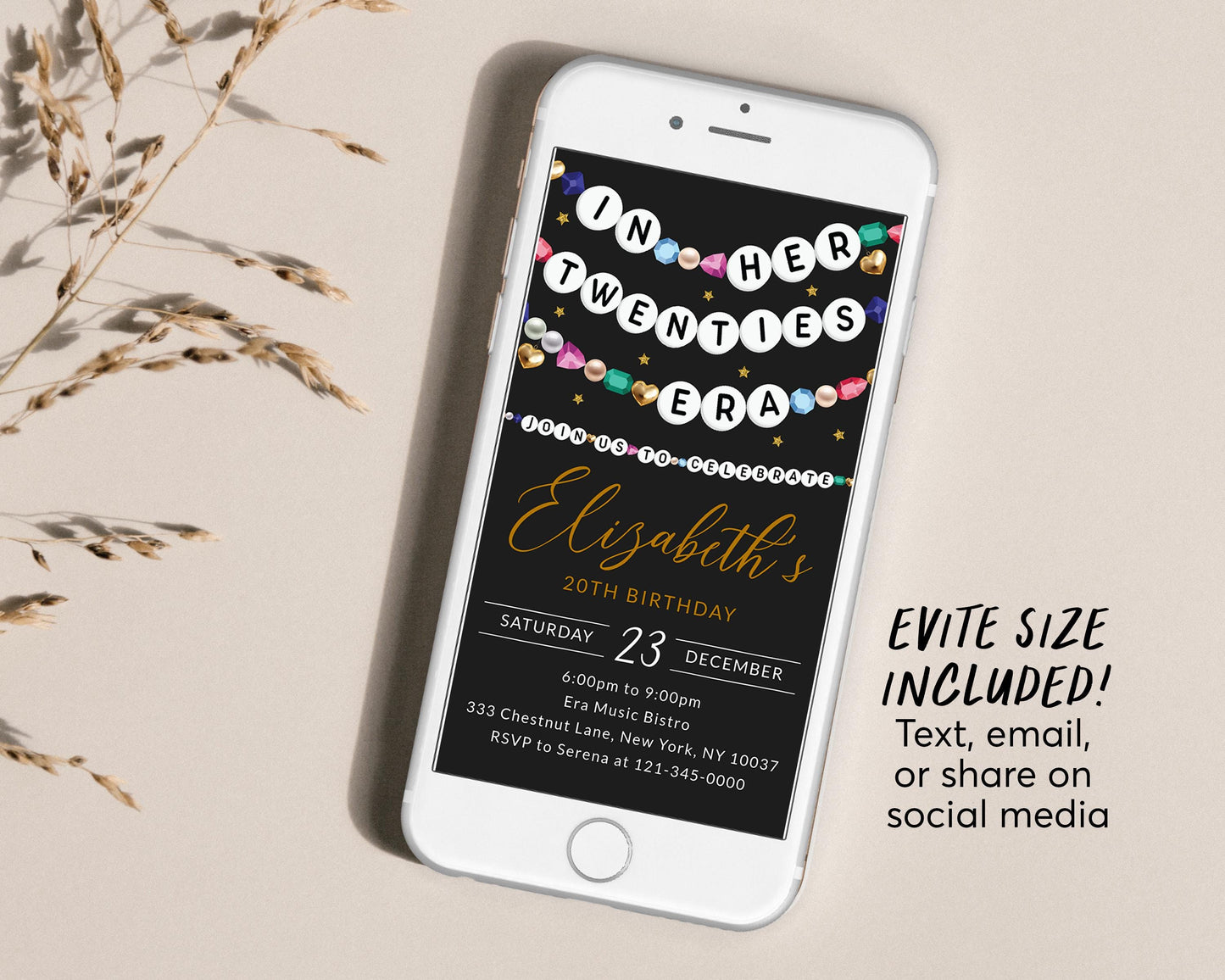 In My Twenties Era Invitation With Photo Editable Template, Friendship Bracelet Party Invite, 20th Birthday Girl Eras Music Black Gold Evite