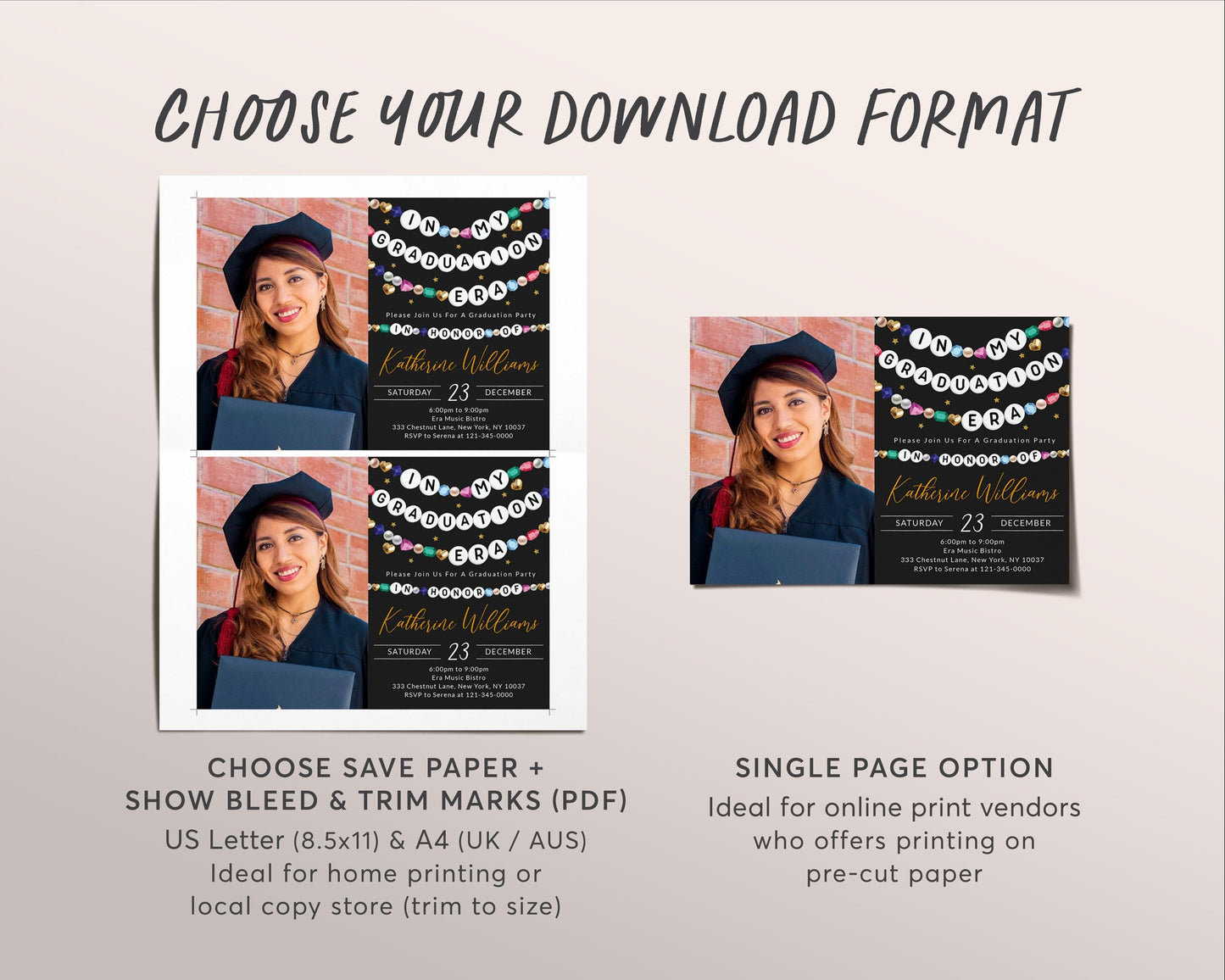 In My Graduation Era Invitation With Photo Editable Template, Graduation Announcement Friendship Bracelet Party Black Gold Invite Evite