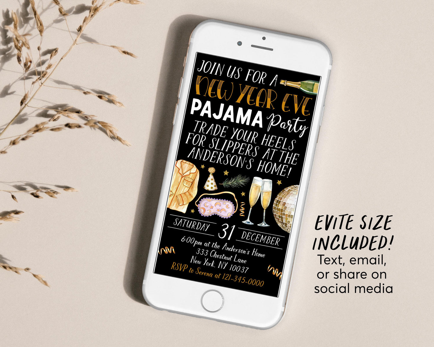 New Year Eve Pajama Party Invitation Editable Template, Adult NYE Slumber Party Invite, Black And Gold New Years Sleepover Champagne Pajamas