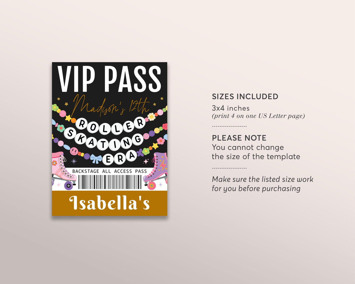 Roller Skating Era VIP Pass Editable Template, Skating Rink Friendship Bracelet Party VIP Badge, Eras Retro Skater Black Gold VIP Insert