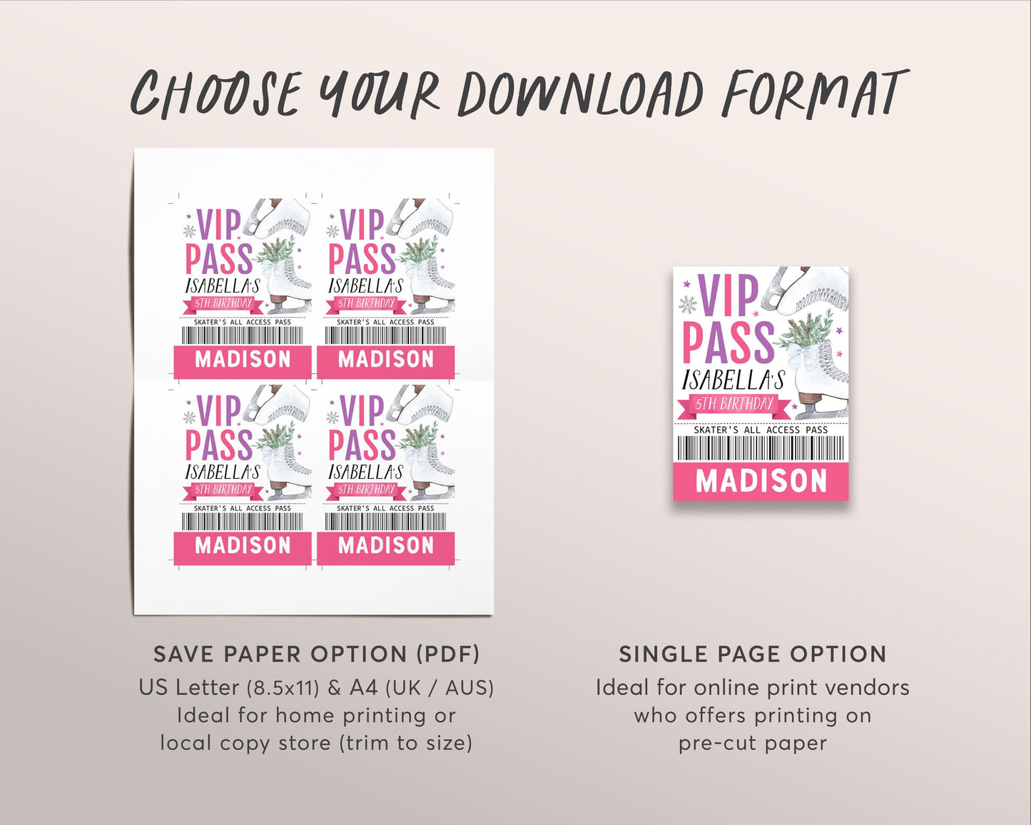 Ice Skating Birthday All Star VIP Pass Editable Template, Girl Figure Skating Rink Party All Access Pass, Guest Name Tag Insert ID Badge