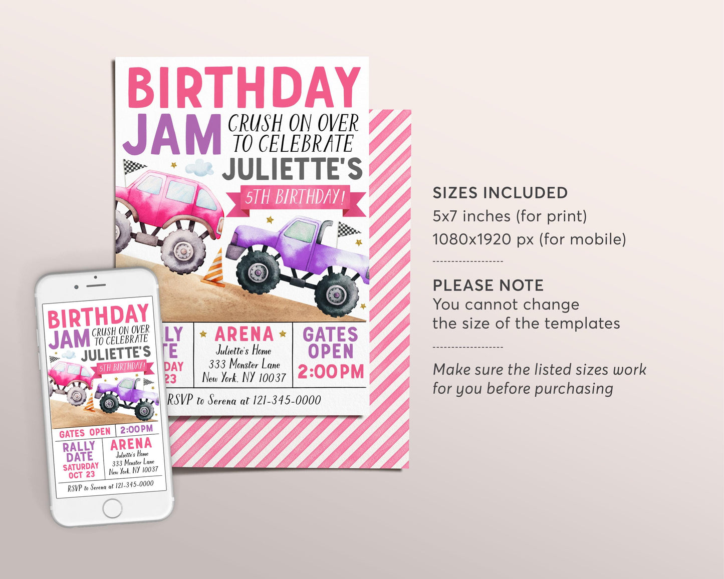 Birthday Monster Jam Birthday Invitation Editable Template, Girl Monster Truck Party Invite, Monster Truck Bash Crush On Over Evite Any Age