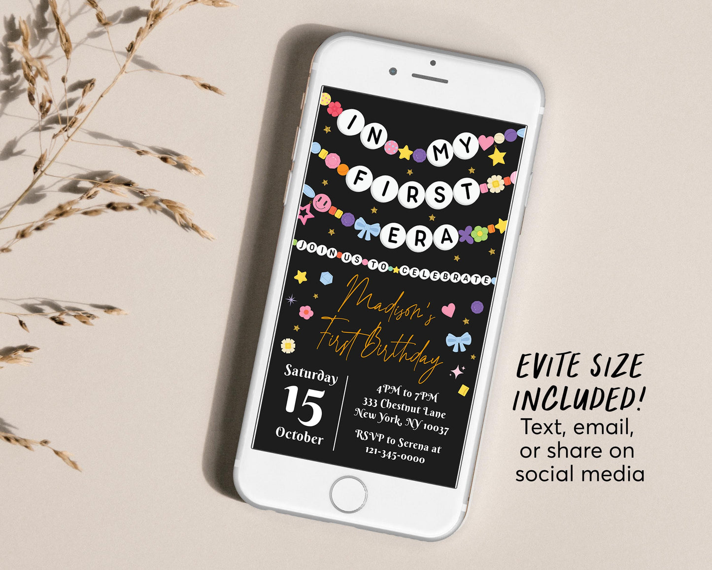 In My First Era Invitation With Photo Editable Template, First 1st Birthday Friendship Bracelet Party Invite, Girl Eras Black Gold Evite