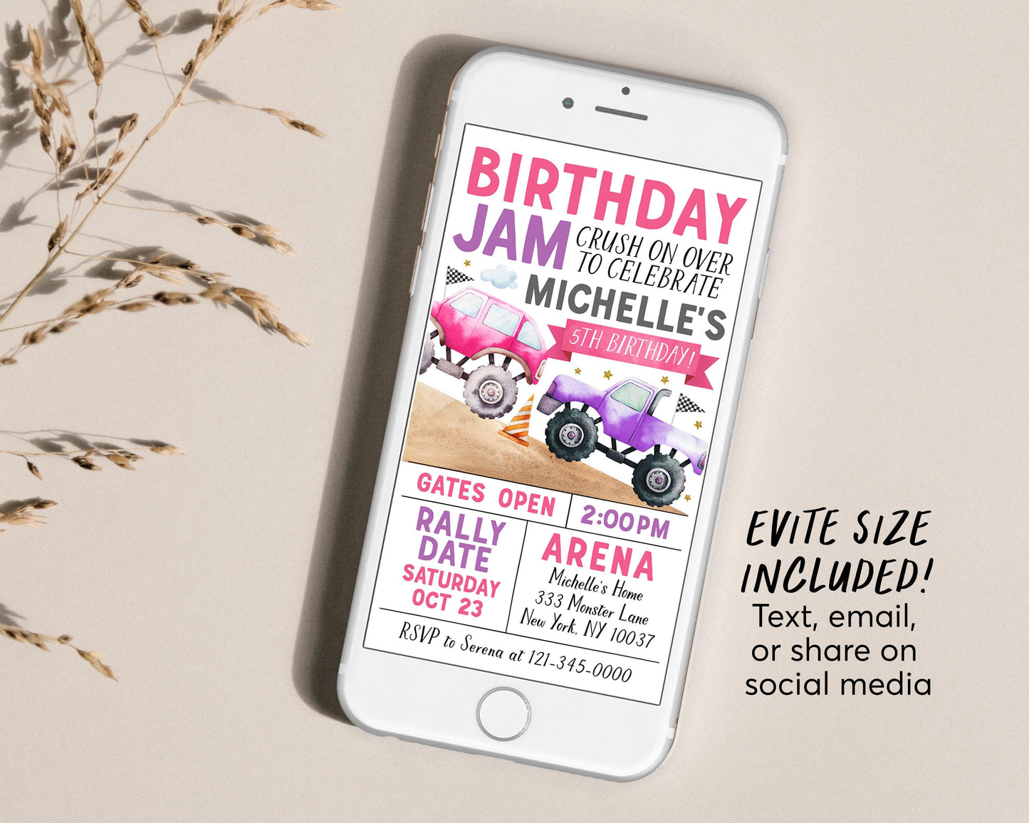 Birthday Monster Jam Birthday Invitation With Photo Editable Template, Girl Monster Truck Party Invite, Monster Truck Crush On Over Evite