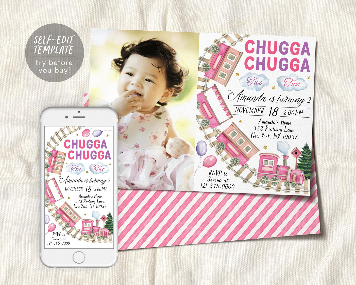 Chugga Two Train Birthday Invitation With Photo Editable Template