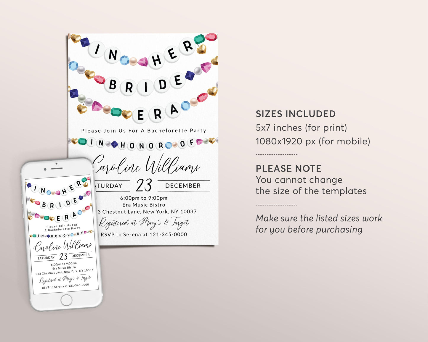 In Her Bride Era Invitation Editable Template, Eras Bridal Shower Party Invite, Bachelorette Party Friendship Bracelet Engaged Wedding Evite