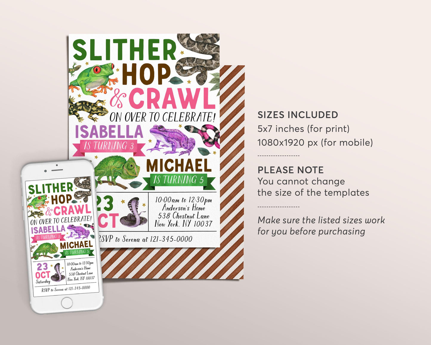 Reptile Joint Siblings Birthday Invitation Editable Template, Boy Girl Twins Slither Hop Crawl Party Invite, Kids Creepy Crawly Nature Evite