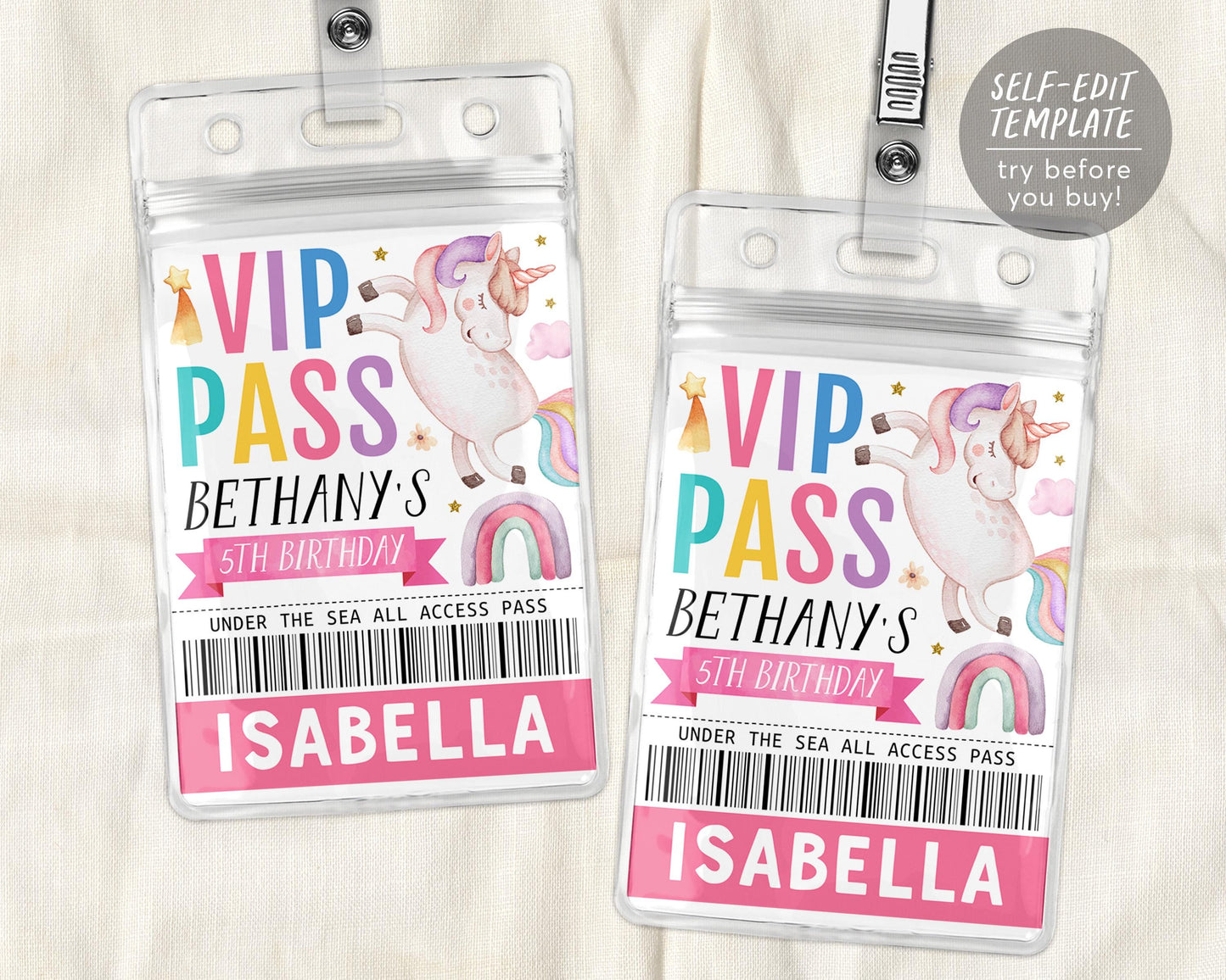 Unicorn Birthday VIP Pass Editable Template