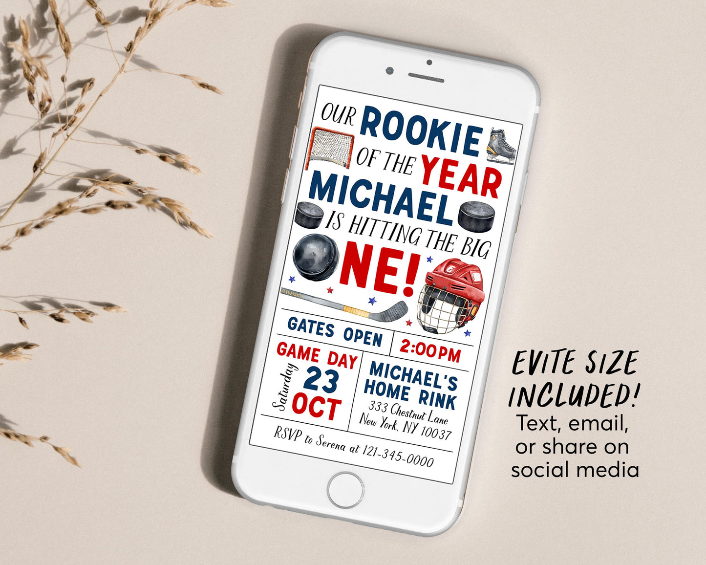 Ice Hockey First Birthday Invitation With Photo Editable Template, Rookie Of The Year Ice Skating Rink Invite, Boy Sports Game Time Evite