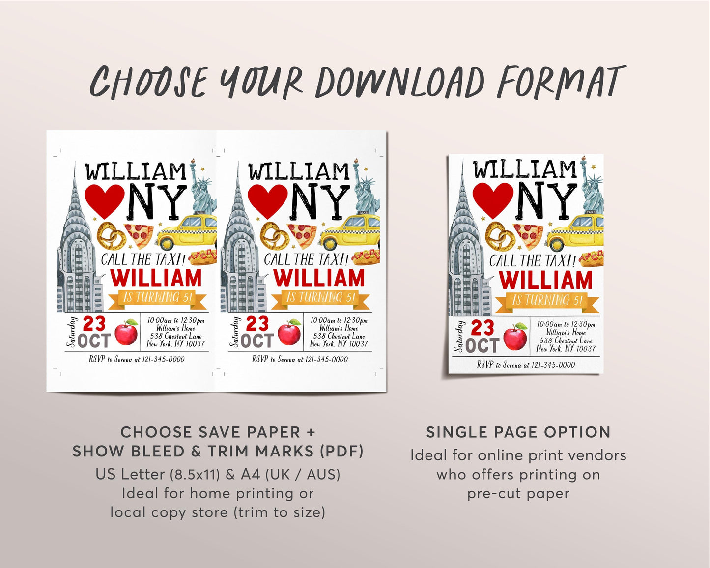 New York City Birthday Invitation Editable Template, Unisex NYC Party Invite, Big Apple Kids Tween Teen Evite, Pretzel Pizza Taxi Printable