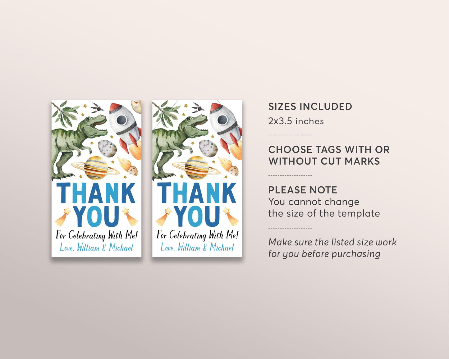 Space And Dinosaurs Birthday Favor Tags Editable Template, Joint Siblings Boys Outer Space Rocket Ship T-Rex Dinosaur Party Thank You Treat