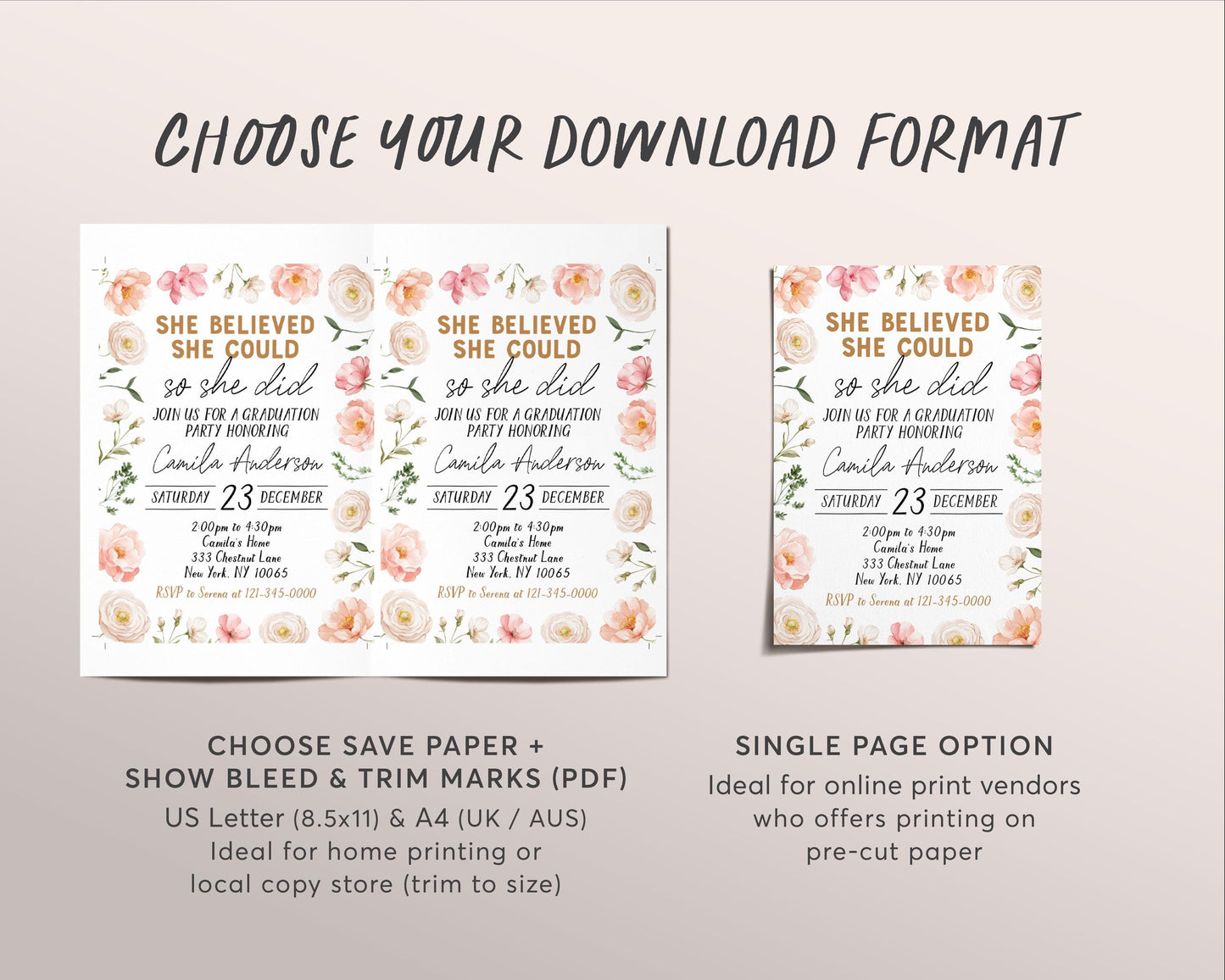 Graduation Floral Invitation Editable Template, Blush Floral Grad Announcement Party Invite for Her, She Believed She Could So She Did Evite