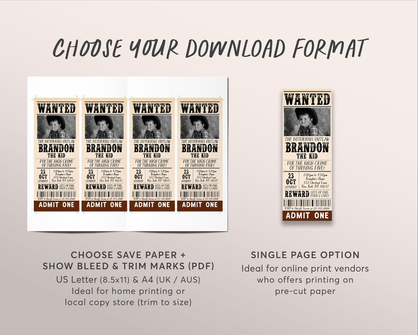 Wanted Birthday Ticket Invitation Editable Template, Cowboy Wild West Western Birthday Party Invite, Notorious Outlaw Southwestern Evite