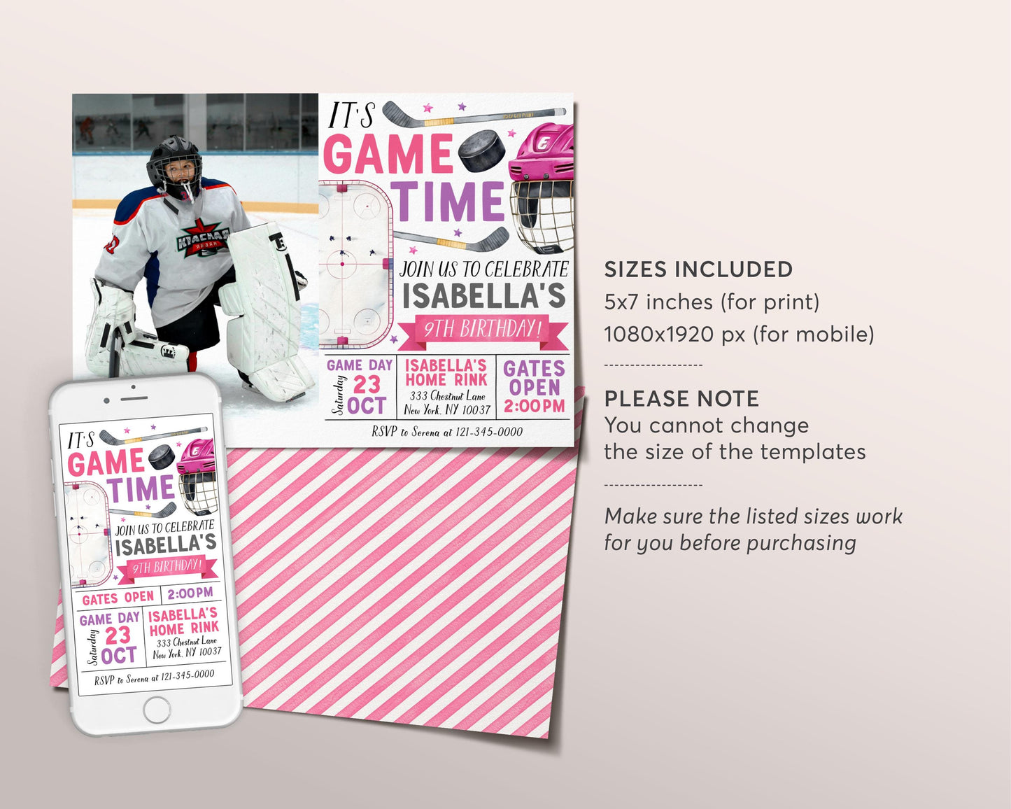 Ice Hockey Birthday Invitation With Photo Editable Template, Pink Ice Skating Rink Hockey Theme Invite, Girl Sports It's Game Time Evite