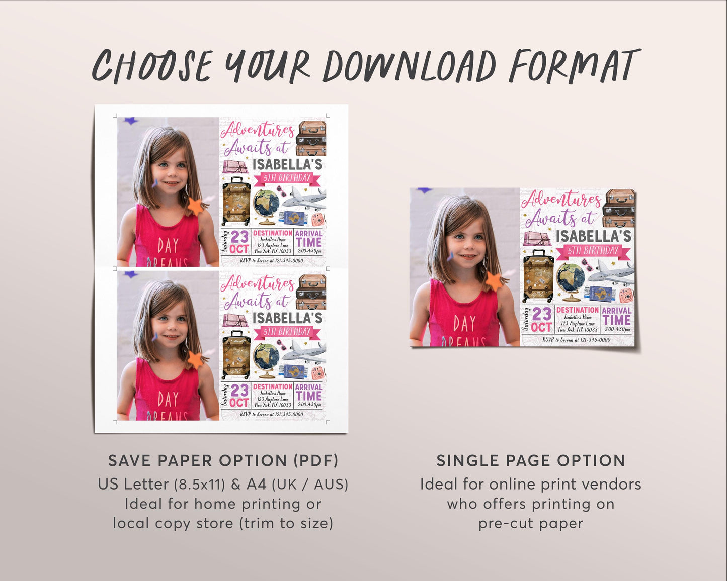 Adventure Awaits Travel Birthday Invitation With Photo Editable Template, Girl Around the World Party Invite, Vintage Map Passport Evite