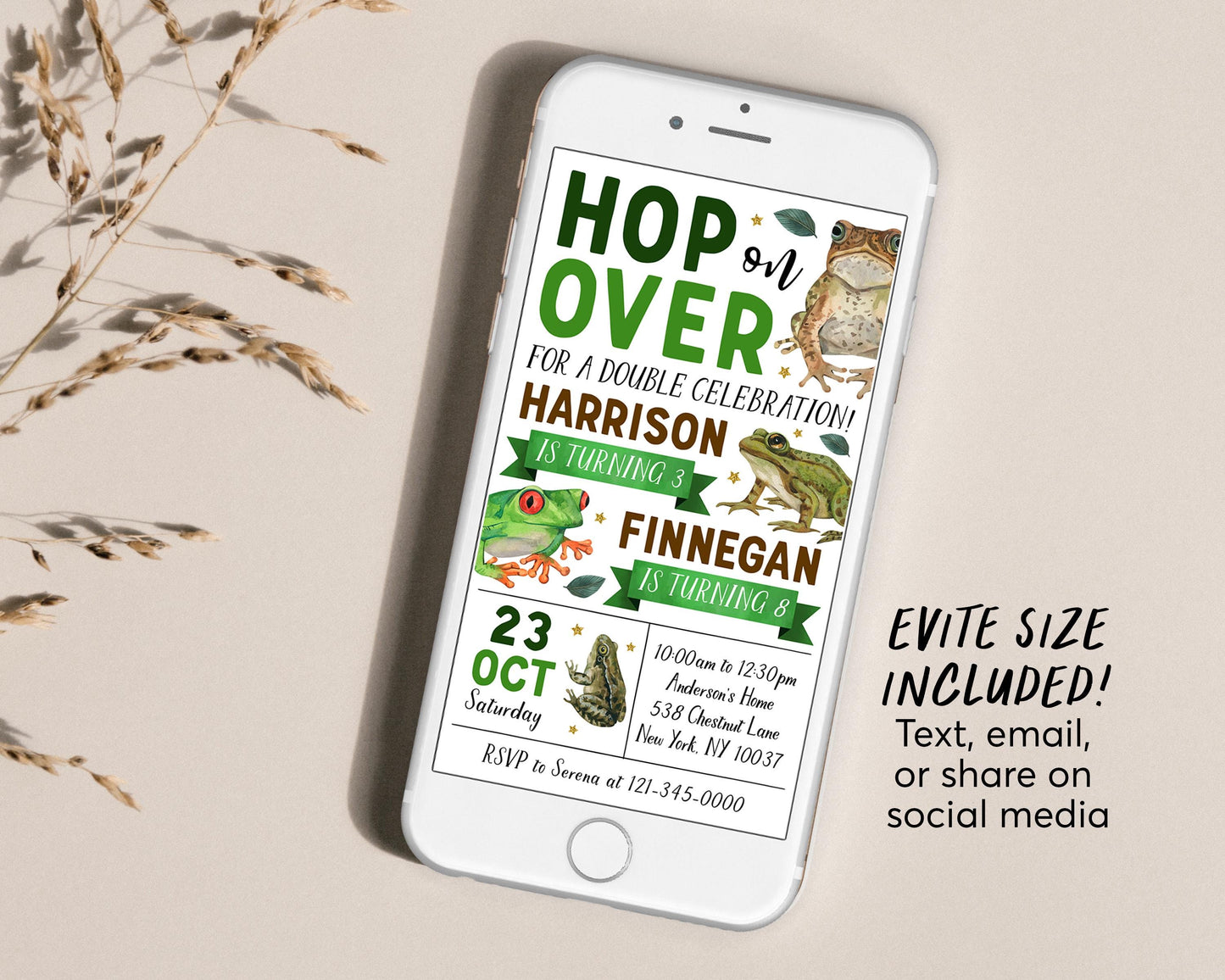 Frog Joint Siblings Birthday Invitation With Photo Editable Template, Brothers Twins Hop On Over Frogs Party Invite, Kids Pond Nature Evite