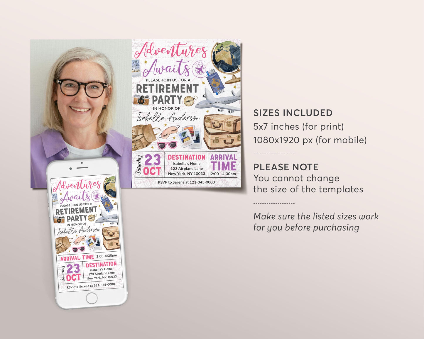 Travel Retirement Invitation With Photo Editable Template, Adventure Awaits Retirement Farewell Party Invite For Her, Around The World Evite