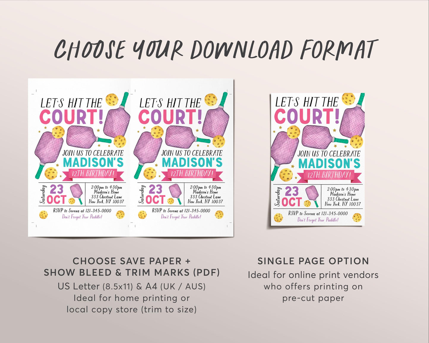 Pickleball Birthday Invitation Editable Template, Girl Lets Hit the Court Theme Party Invite, Sports Pickleball Theme Evite, Let’s Pickle