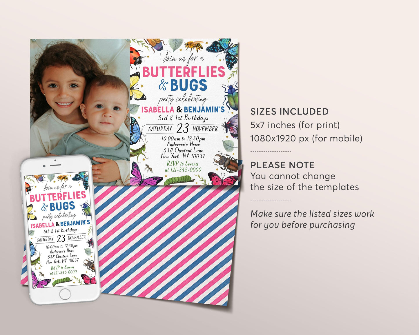 Butterflies and Bugs Joint Siblings Birthday Invitation With Photo Editable Template, Twins Girl Boy Butterfly Insect Party Invite Evite