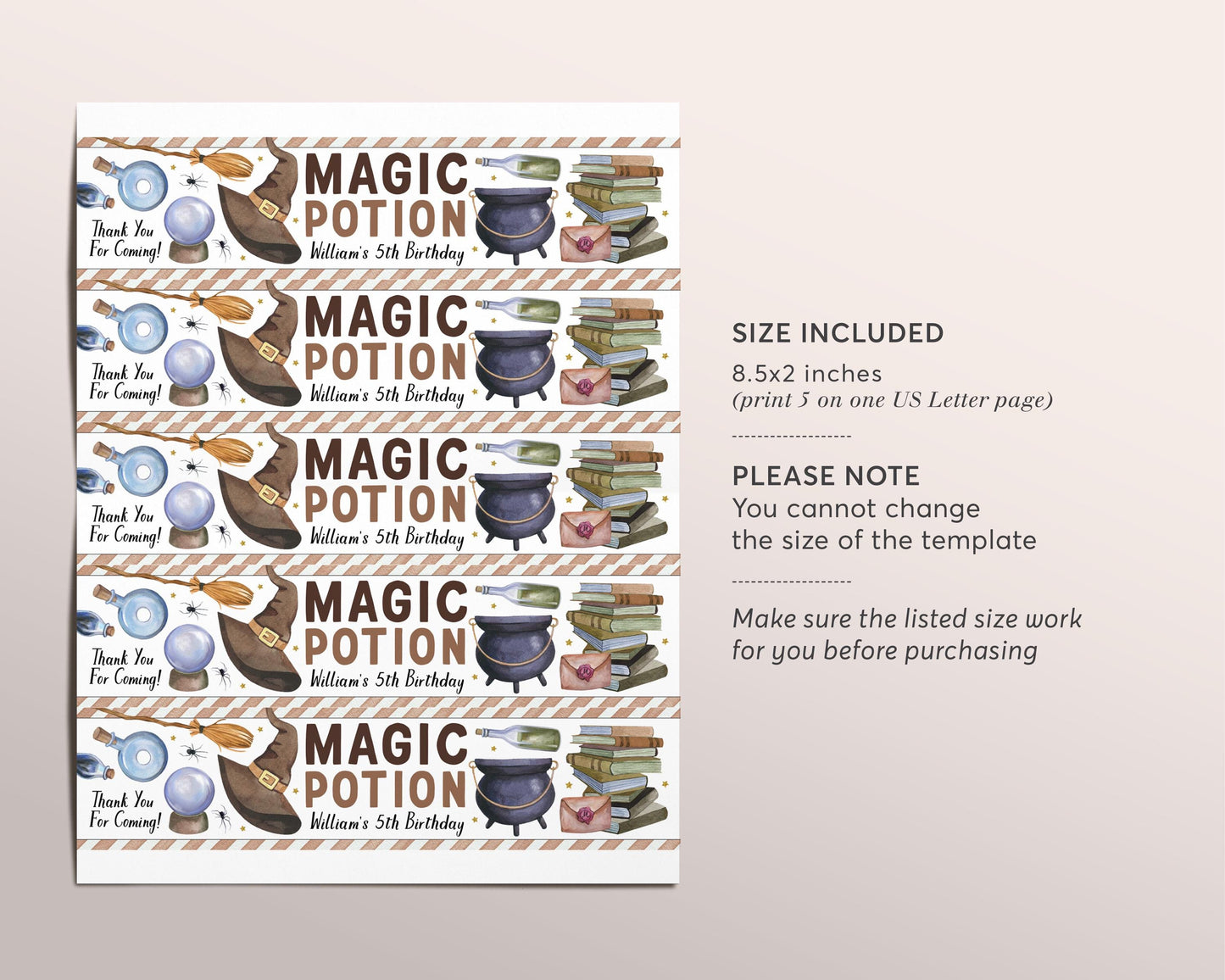 Wizard Water Bottle Labels Editable Template, Magic Potion Birthday Party Drink Wrapper Tag, Magical Cauldron Magic School Bottle Drink Wrap