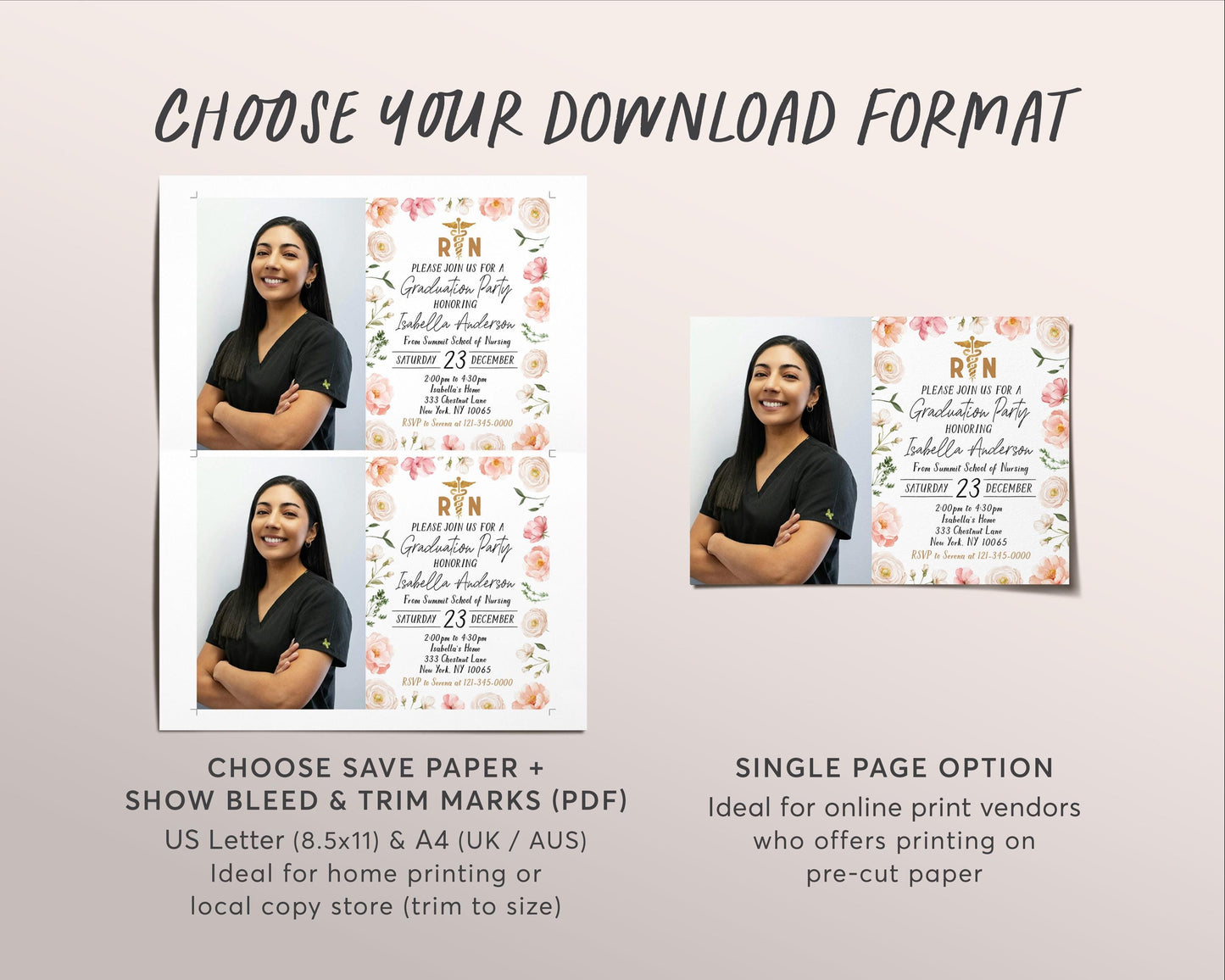 Nursing School Graduation Invitation With Photo Editable Template, Floral Nurse RN Grad Announcement Party Invite, Registered Nurse Pinning