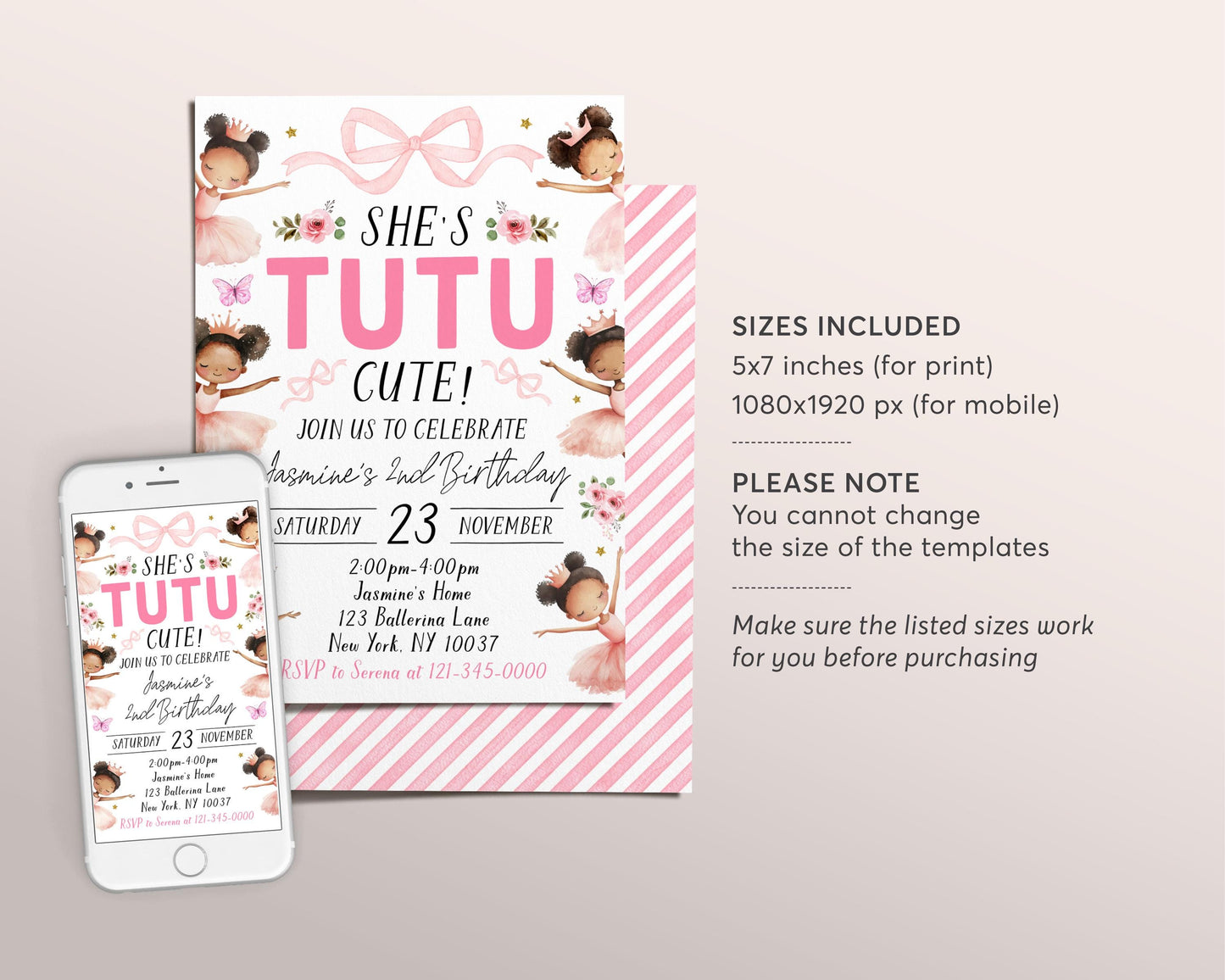 Tutu Cute 2nd Birthday Invitation Editable Template, Black Ballerina Second Birthday Invite, Pink Ballet Dance Floral Bow Evite Printable