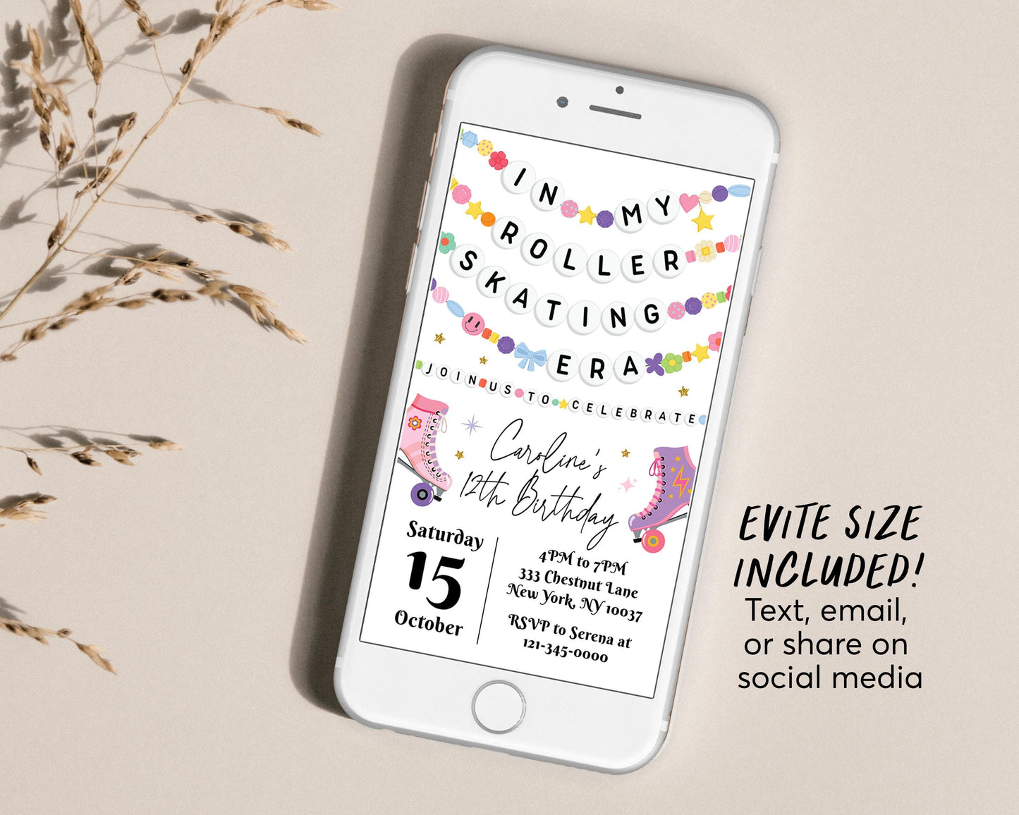 In My Roller Skating Era Birthday Invitation With Photo Editable Template, Skating Rink Friendship Bracelet Party Invite, Eras Skater Evite