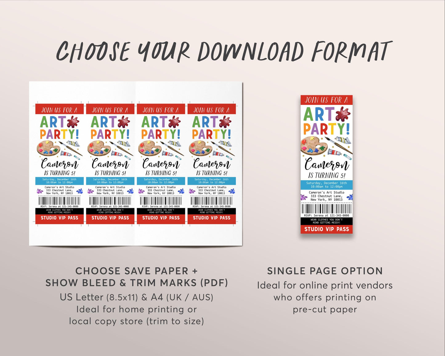 Art Party Birthday Ticket Invitation Editable Template, Kids Art Studio Painting Theme Invite, Unisex Lets Create Paint Splatter Evite