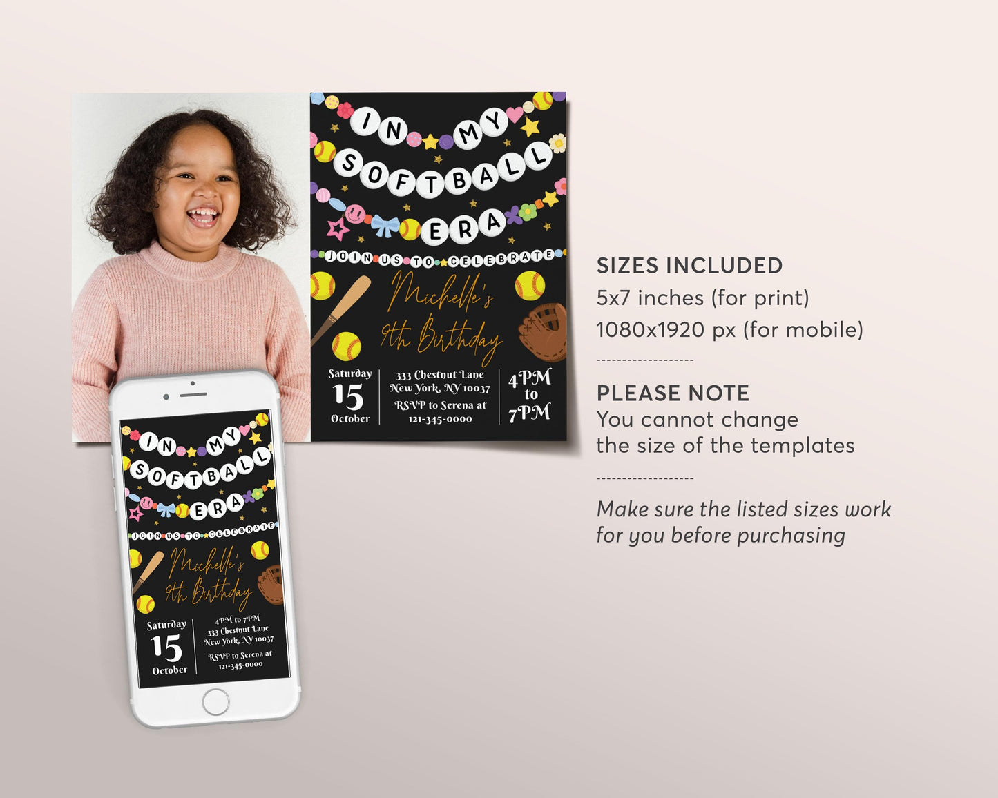 In My Softball Era Birthday Invitation With Photo Editable Template, Softball Friendship Bracelet Party Invite, Sports Black Gold Eras Evite