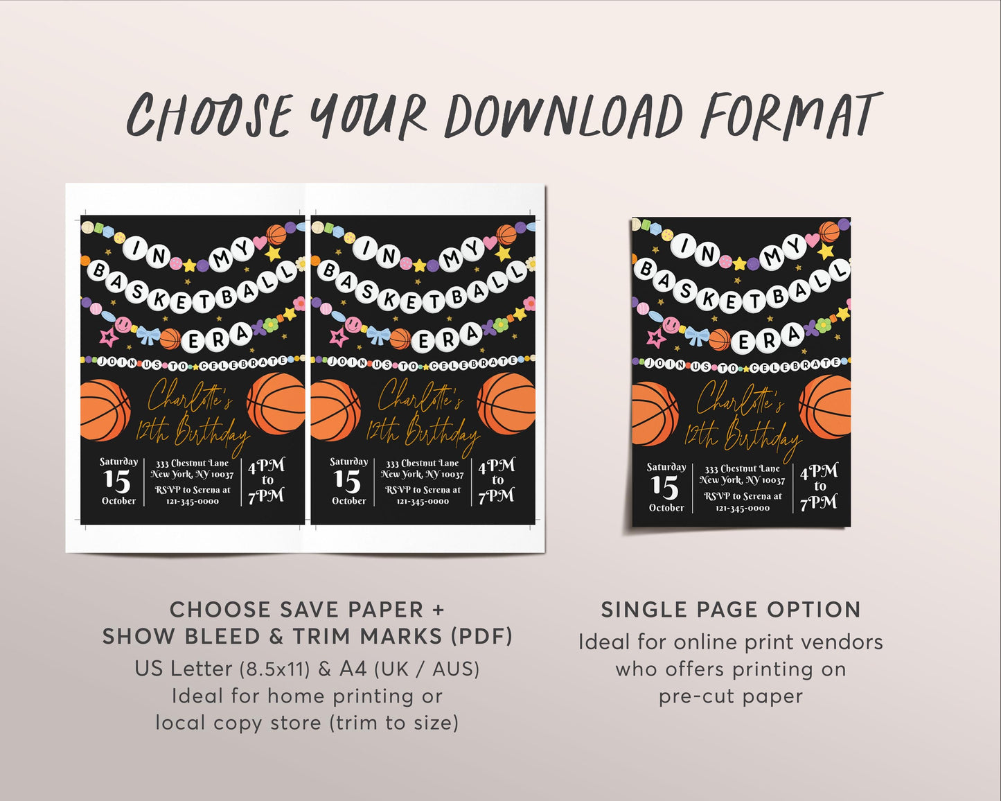 In My Basketball Era Birthday Invitation Editable Template, Basketball Friendship Bracelet Party Invite, Slam Dunk Eras Black Gold Evite