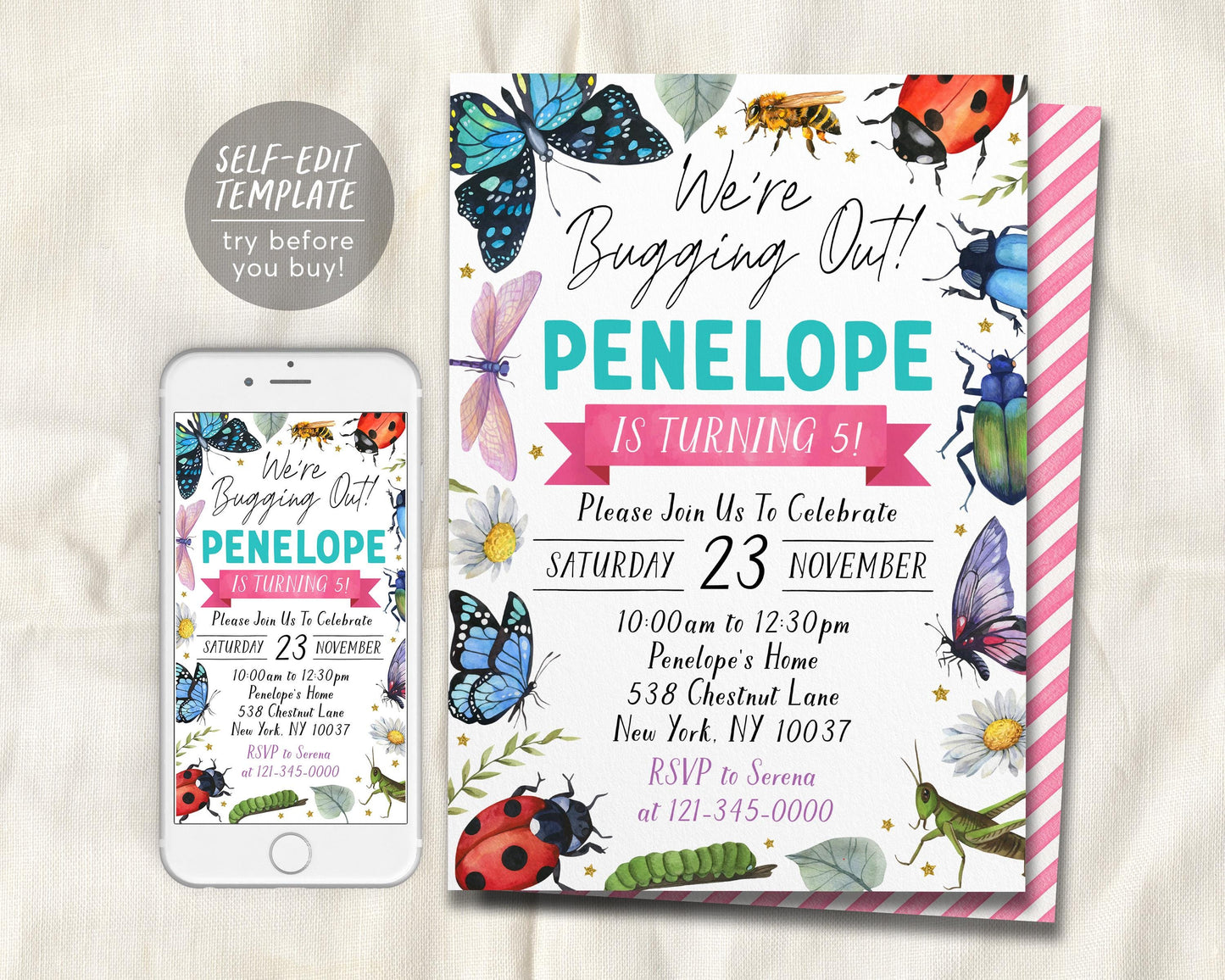 Bugs Insect Birthday Invitation Editable Template