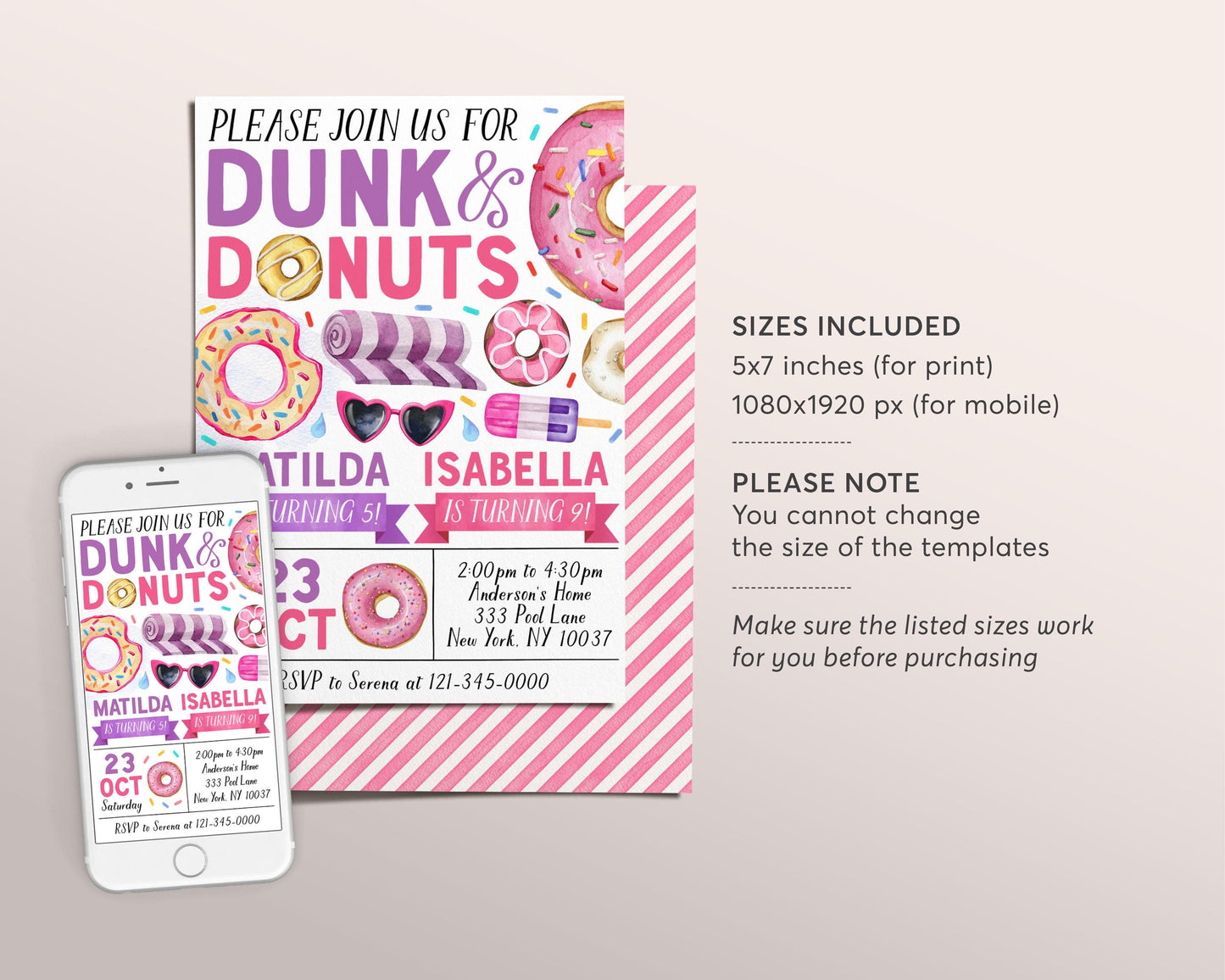 Donut Pool Party Joint Siblings Birthday Invitation Editable Template, Girls Sisters Twins Dunk and Donuts Invite, Summer Swimming Evite