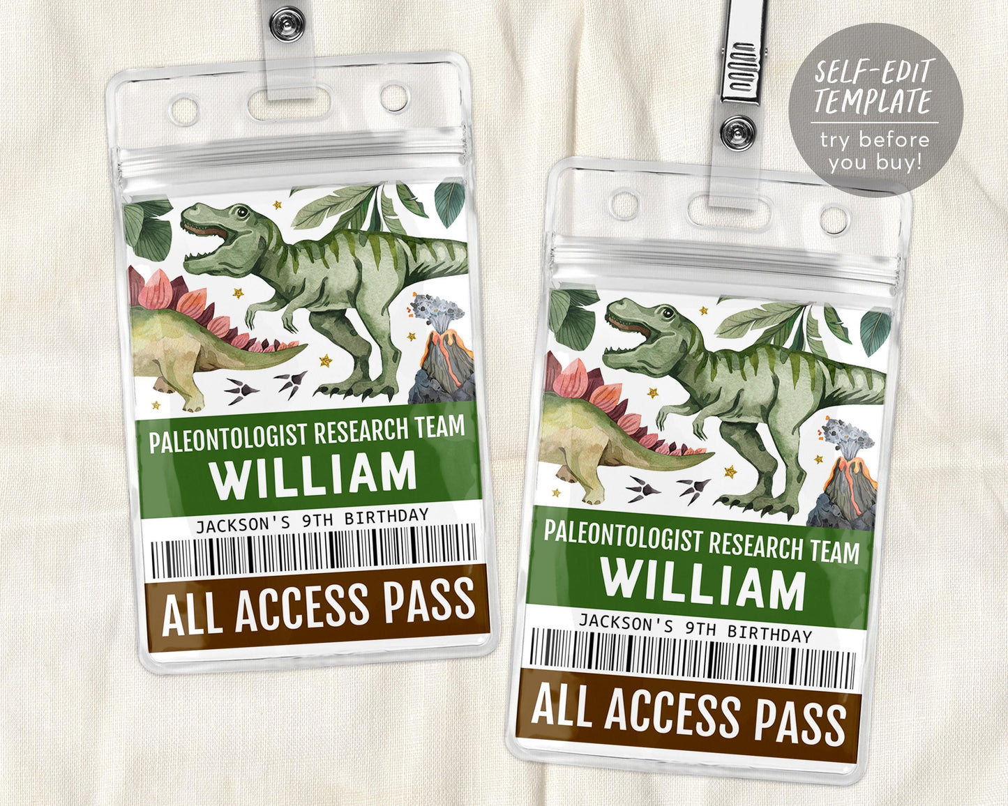 Dinosaur Party ID Badge VIP Pass Editable Template