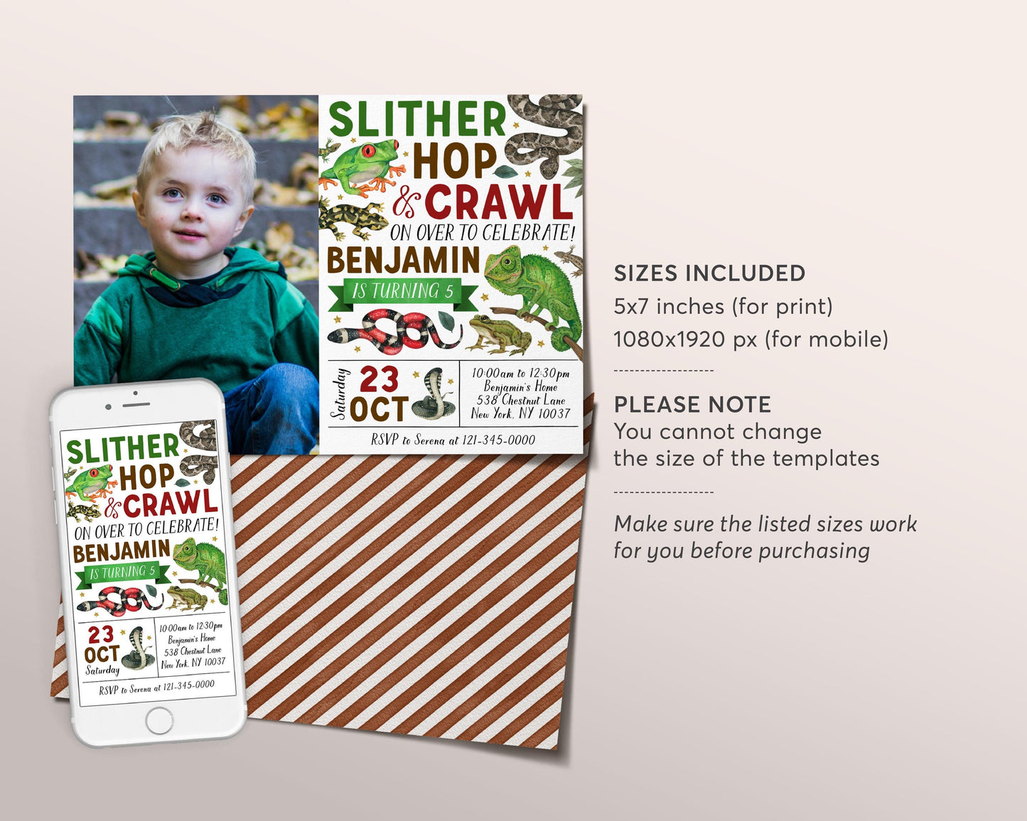 Reptile Birthday Invitation With Photo Editable Template, Boy Slither Hop Crawl Party Invite, Kids Reptiles Creepy Crawly Nature Theme Evite