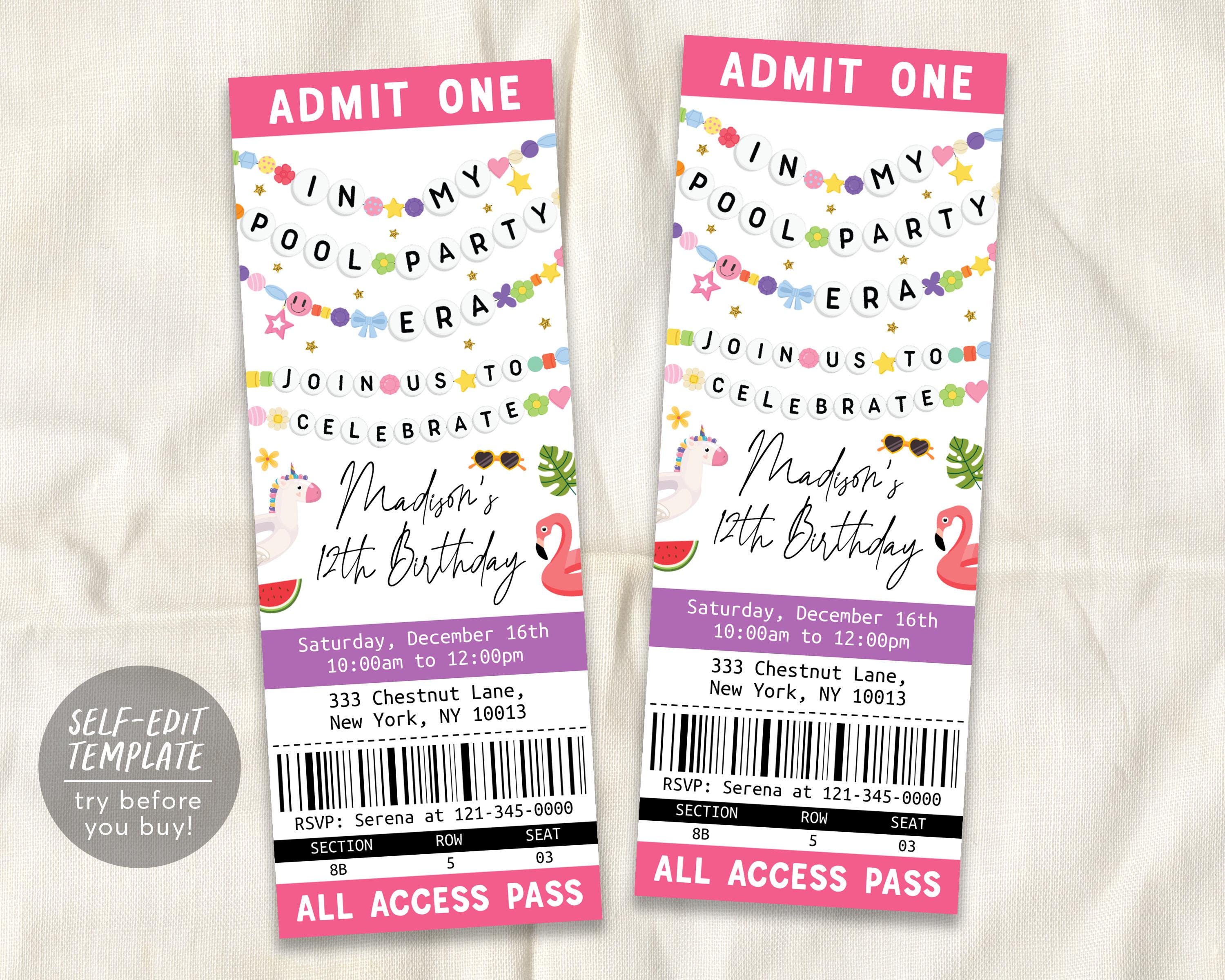 In My Pool Party Era Ticket Invitation Editable Template, Summer Birth ...