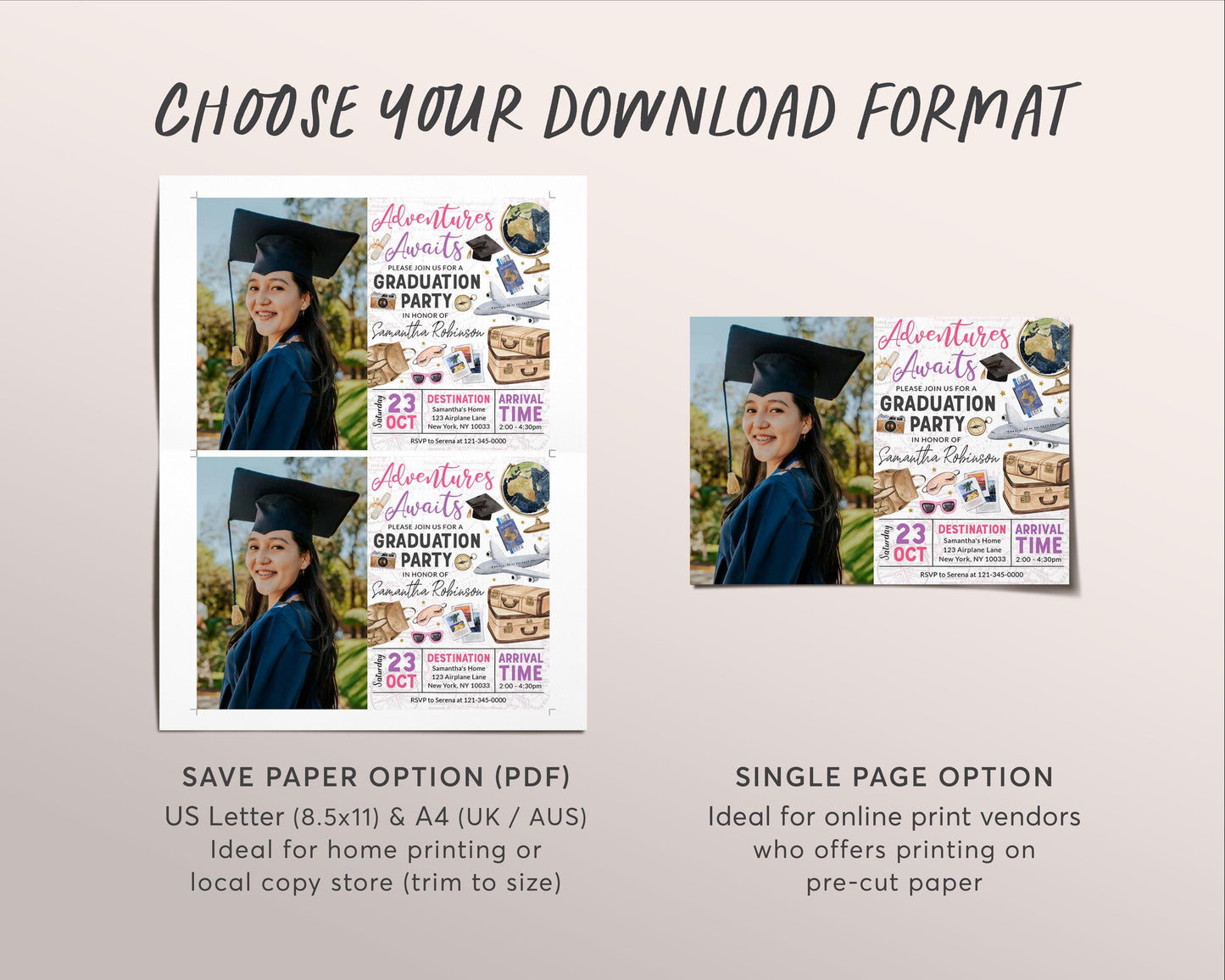 Farewell Graduation Invitation With Photo Editable Template, Travel Grad Announcement Party Invite For Her, Around the World College Map