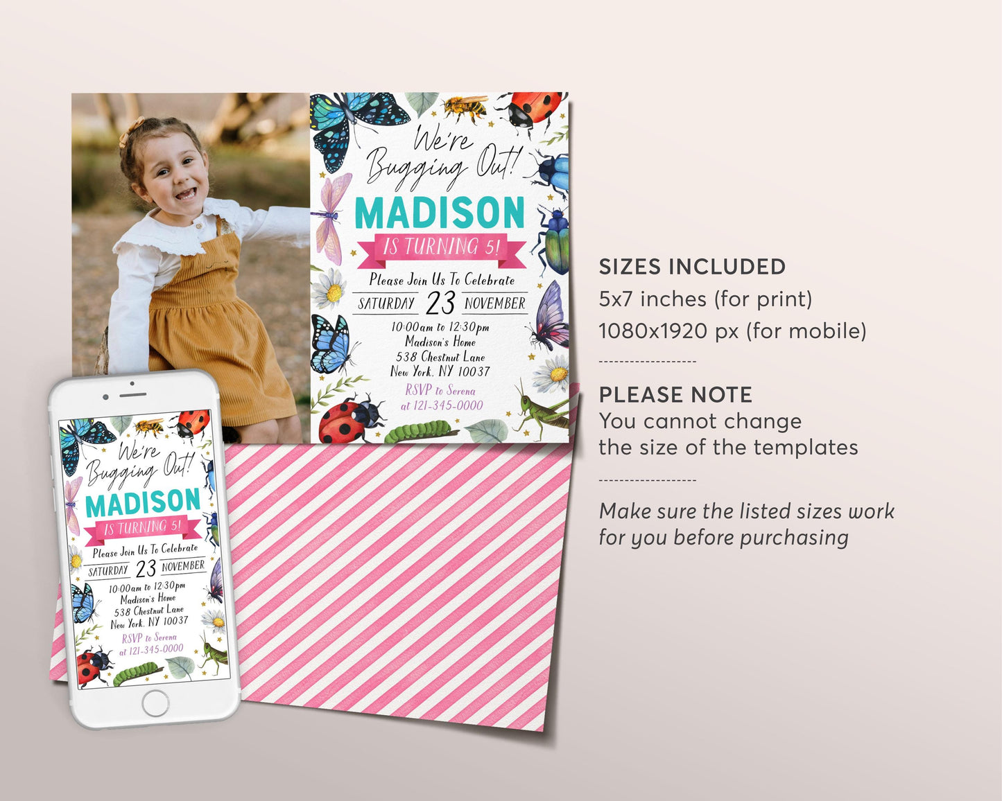 Bugs Insect Birthday Invitation With Photo Editable Template, Girl We're Bugging Out Party Invite, Kids Butterfly Ladybug Hunt Garden Evite
