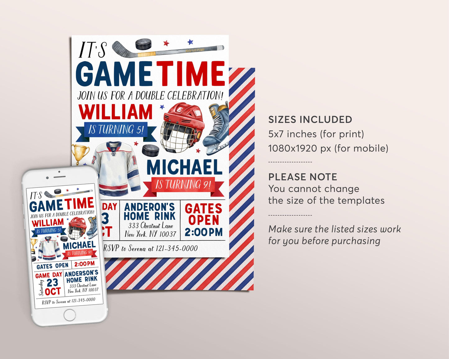 Ice Hockey Joint Siblings Birthday Invitation Editable Template, Boy Twins Ice Skating Rink Hockey Invite, Sports Puck Stick Helmet Evite