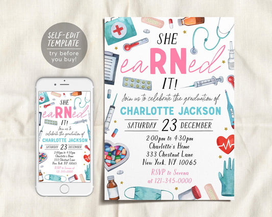 Nurse Graduation Invitation Editable Template